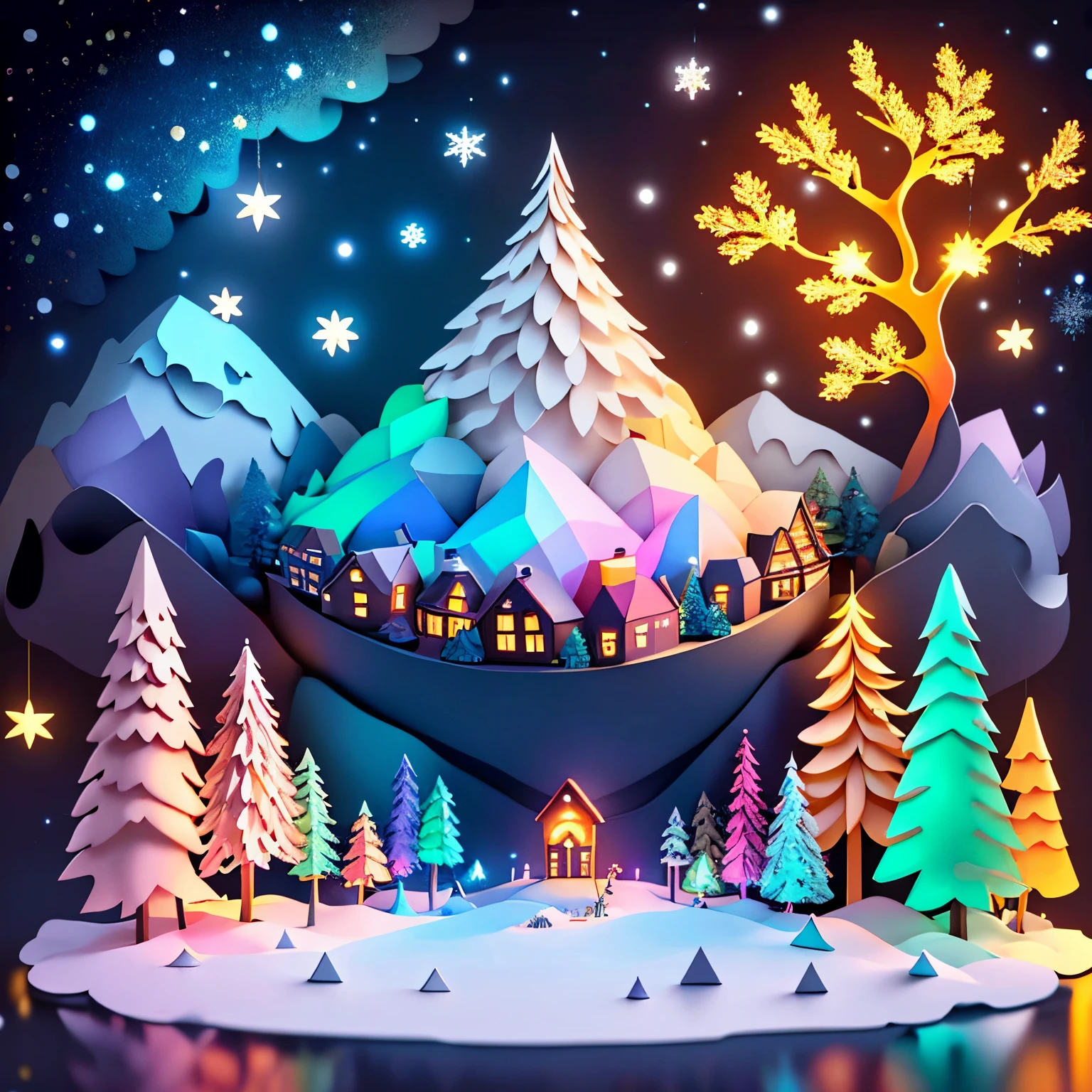 Lumière douce,(couleur chaude:1.2),Peinture à l’aquarelle,fond clair,Détails exquis de la qualité,Rendu 3D,Rendu octane, Nuit, lune, sapin de Noël décoré, Noël, village, neige, brouillard, froid, étoiles, cadeau, animaux, traineau, Père Noël, lutins, ambiance de Noël, décor de Noël (_couper:1.15),