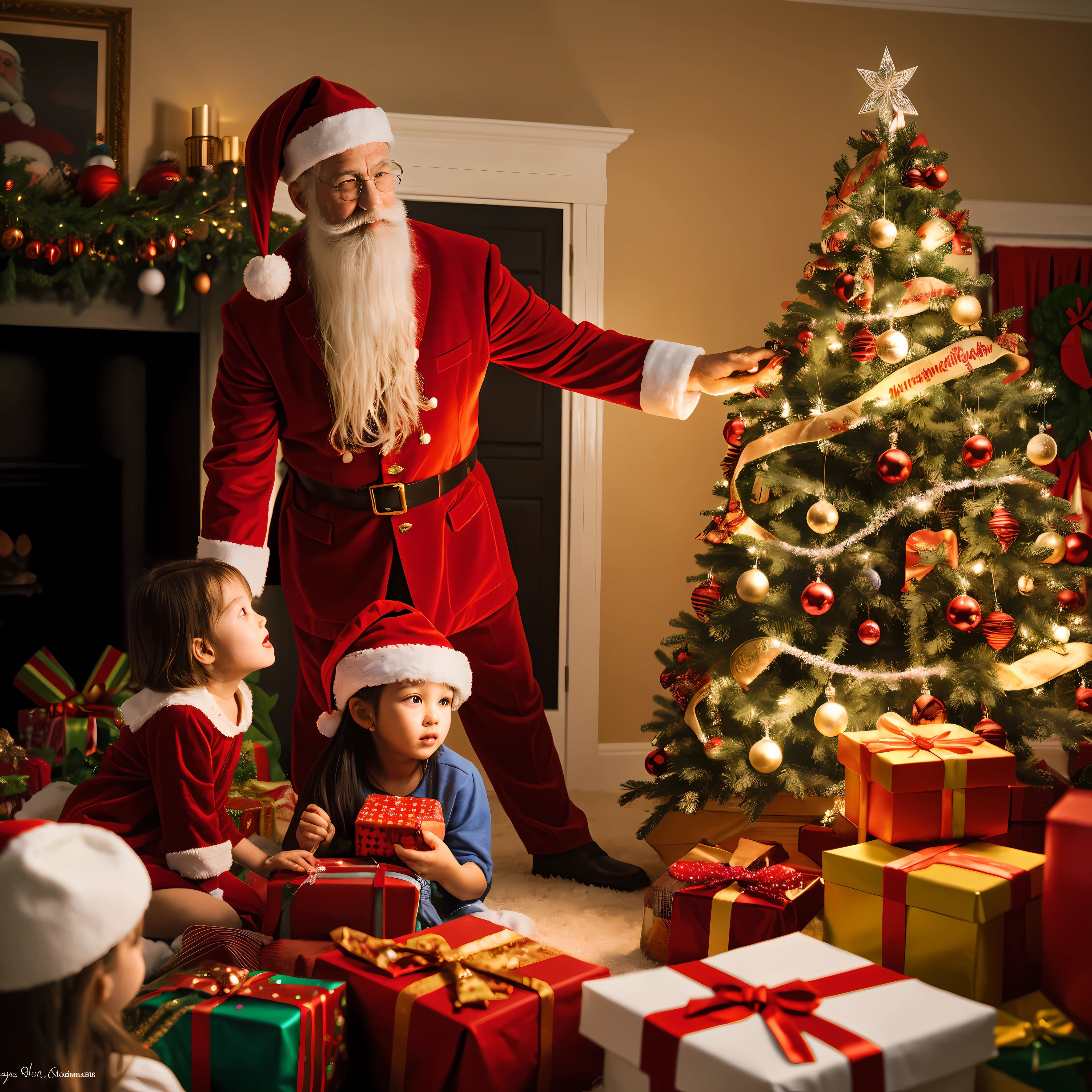 Santa Claus gives gifts to Caucasian children, Christmas tree with gifts, Christmas, ((Best Quality)), ((Masterpiece)), (Detailed), a perfect face, foto realista, Ultra-detailed, Realistic, HDR, studio lightning, extreme detail description, Professional, sharp-focus, physical based rendering, Vivid colors, portrai