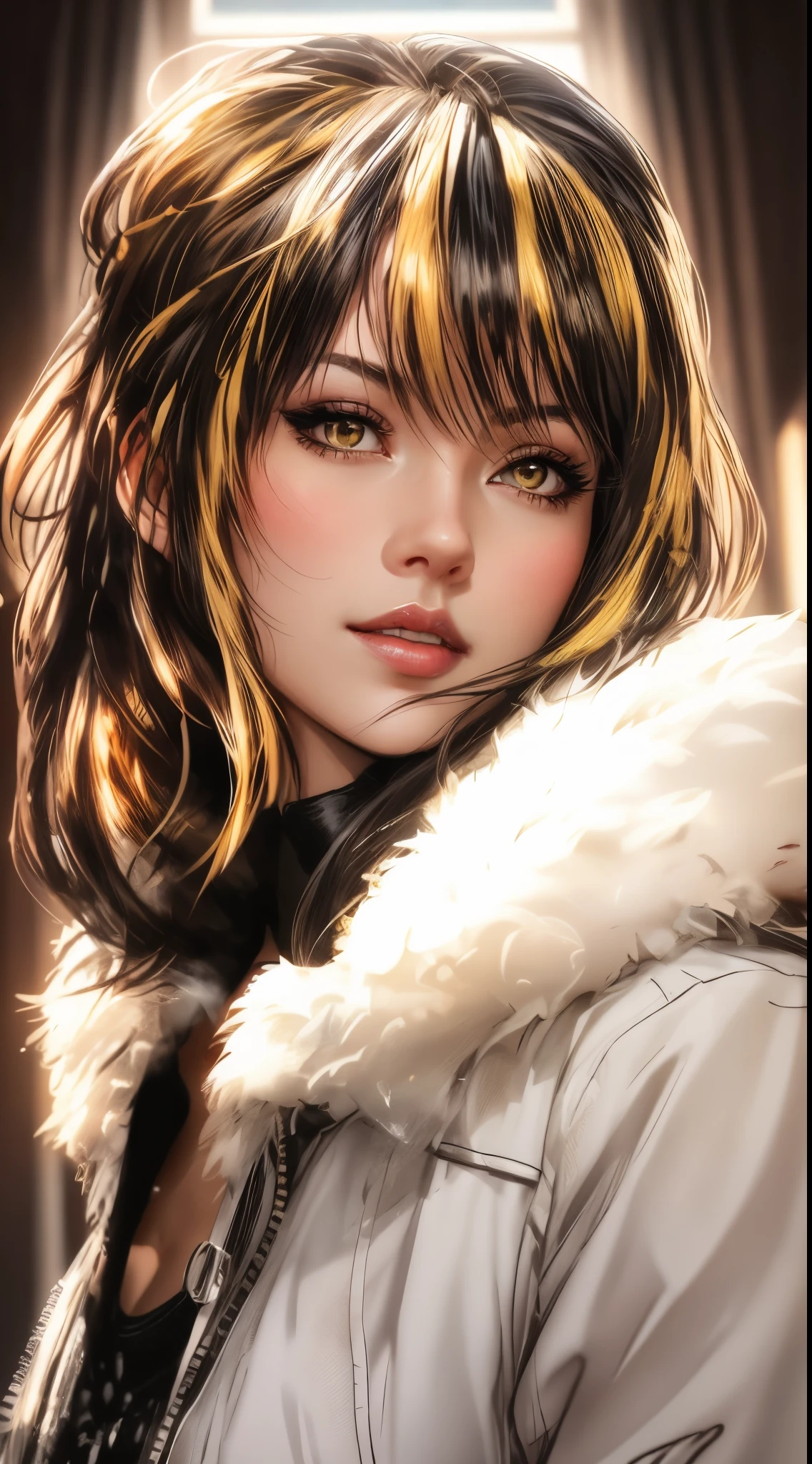 arafed image of a sexy posing together in a window, seductive tifa lockhart portrait, tifa, tifa lockhart, tifa lockheart, tifa lockhart portrait, glamorous tifa lockheart, portrait of tifa lockhart, tifa lockhart with Black and gold hair, range murata and artgerm, 8k high quality detailed art