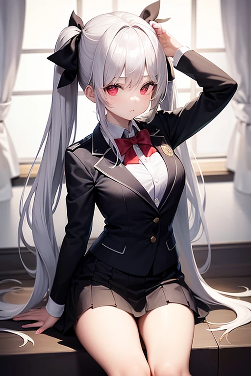 Alexia is a pretty young girl with red eyes and long silver hair. She usually ties her hair in pig tails using a large black bow and is often seen wearing her academy uniform consisting of a blazer jacket, with gold accents, a white dress shirt, a navy-blue cummerbund, a plaid pattern on the skirt, white stockings, and knee-high boots with crosscutting laces.