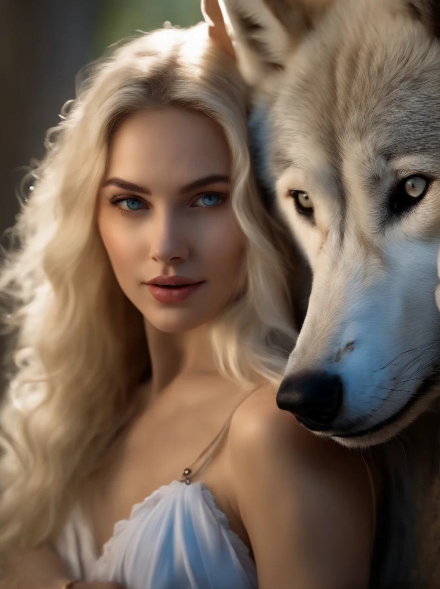 (tmasterpiece), (topquality), (more detailed), (8K), (电影灯光), (Sharp focus), (Precise Anatomy), (photo realism:1.5), (Fantasy art), Beautiful woman and white wolf, beautiful girl raised by a white wolf, next to the wolf, The wolf approaches the viewer with a kind muzzle, wolf blue eyes, Eyes sparkle, Meeting face to face, A girl with a beautiful face, VERY Young Girl), (girl ) lips parted Goddess blonde, (NSFW), Girl without clothes, A  girl, naked ass, blue eyes, Detailed face, Happy Look, perfectly proportional breasts, big breastes, skinny waist, bellybutton, large tities, thights, blond hair, blonde woman, hairlong, Wolves have a large body, ferocious, (Correct anatomy), (A sense of speed:0.8), (Background Blend:0.8), (Windy storms:1.1), dramatic  lighting, thick fog, Fog of the Abyss, universe, Orion Nebula, star universe, Very bright morning sunlight,