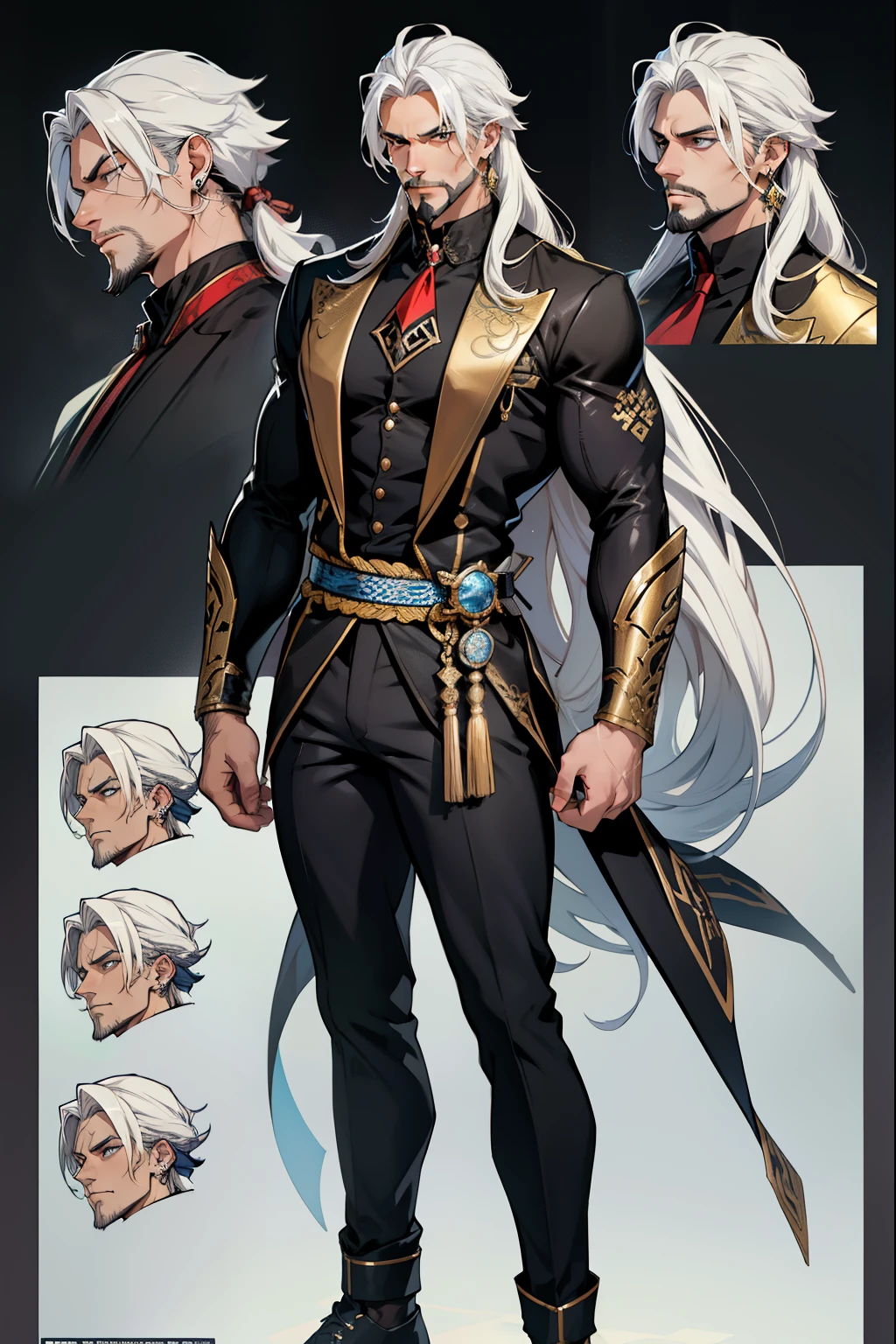 dark skin man, male, black eyes, white hair, long hair, anime style, 4k image, full body, holographic background, Character sheet, Handsome male. Perfect face, 6 ft 5 tall middle aged man. White hair. Long hair. Grey eyes. Beard. Eyepatch. Earrings. Toned body. Muscular male, character design sheet,full bodyesbian, Full of details, body front view, body back view, Full body, muscle body, Formal Fantasy clothes. Genshin Impact. Hydro vision. Bulge in pants. Liyue, ((Masterpiece, Highest quality)), Detailed face, character design sheet, full bodyesbian, Full of details, frontal body view, back body view, Highly detailed, Depth