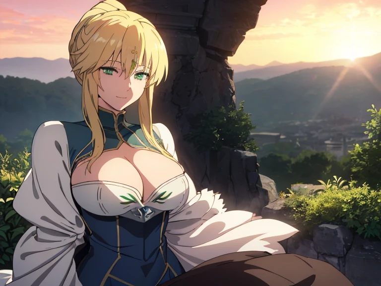 artoria pendragon incomparable masterpiece, ultra 8k CG, perfect art, (green eyes:1.5), blonde hair, ponytail, high res, ultrasharp, 8K, ultra high resolution, beautiful detailed eyes, hyper-extreme details, best quality, perfect illustration, an extremely delicate and beautiful, extremely detailed, CG, 8k wallpaper, amazing, finely detailed, official art, huge file size, ultra detailed, extremely detailed, beautiful detailed girl, extremely detailed eyes and face, smiling, sunset background, hill background, excalibur