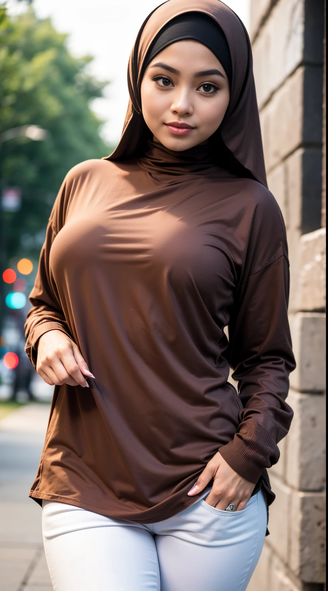 RAW, Best quality, high resolution, masterpiece: 1.3), beautiful Malay woman in hijab, Masterpiece, perfect body, Big breasts, thick thighs, beautiful big eyes, mole under the eyes, long eyelashes, big eyes, Soft smile, wearing a brown shirt and white pants, with a big cell phone in hand, brown shirt, brown clothes, brown t-shirt, wearing a blouse, looking good, with fashionable clothes, Soft turtleneck, evening walk, City park, Great lighting, Bright colors, Clean lines