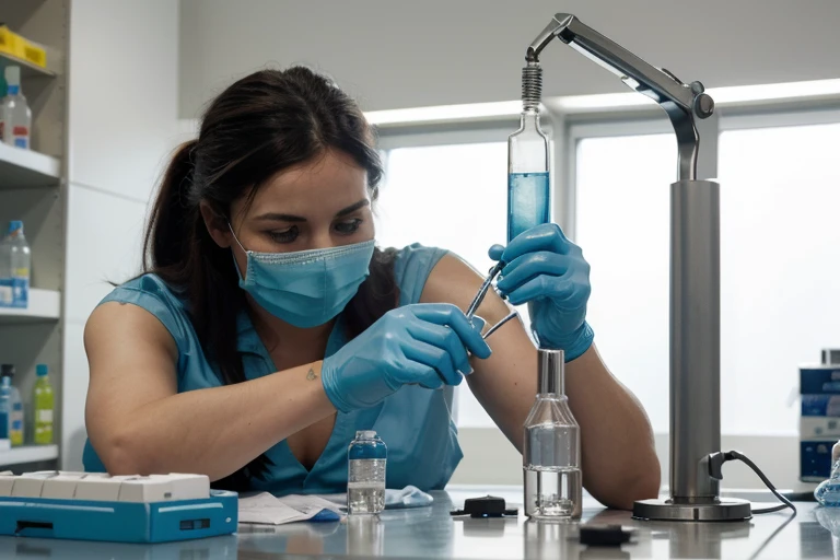 virological coding experiment in the course of a coronavirus pandemic with micropipette. chemist in a modern laboratory doing research using the dispenser during the global epidemic with covid-1