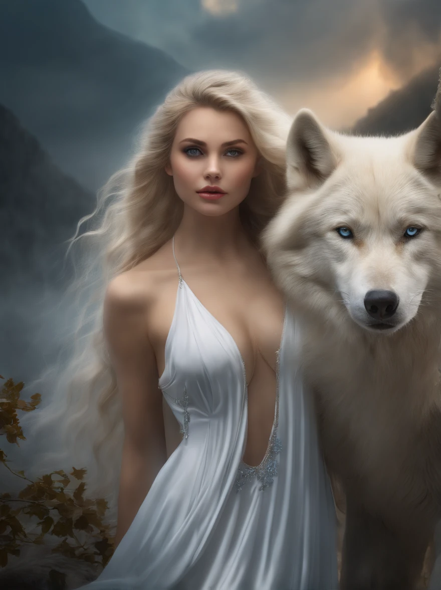 (tmasterpiece), (topquality), (more detailed), (8K), (电影灯光), (Sharp focus), (Precise Anatomy), (photo realism:1.5), (Fantasy art), Beautiful woman and white wolf, beautiful girl raised by a white wolf, next to the wolf, The wolf approaches the viewer with a kind muzzle, wolf blue eyes, Eyes sparkle, Meeting face to face, A girl with a beautiful face, VERY Young Girl), (girl ) lips parted Goddess blonde, (NSFW), Girl without clothes, A  girl, naked ass, blue eyes, Detailed face, Happy Look, perfectly proportional breasts, big breastes, skinny waist, bellybutton, large tities, thights, blond hair, blonde woman, hairlong, Wolves have a large body, ferocious, (Correct anatomy), (A sense of speed:0.8), (Background Blend:0.8), (Windy storms:1.1), dramatic  lighting, thick fog, Fog of the Abyss, universe, Orion Nebula, star universe, Very bright morning sunlight,