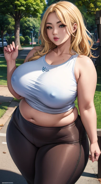 Chubby Malay girl, beautiful face with blonde hair, big breasts, plump breasts, wearing a sleeveless t-shirt, wearing random colored leggings, taking a leisurely walk, in the park, ultra detailed, detailed face image, detailed body image, detailed background image