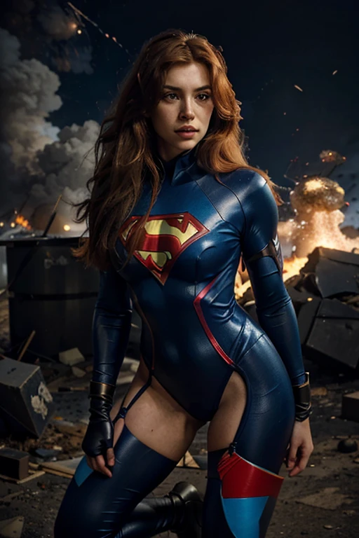 1 woman, (surperhero style), ((battle pose)), (long red hair), the woman is wearing a blue superhero costume with a light blue gradient, (the costume completely covers the woman's body) ), ((tight suit that fits the superhero's body and gives him a powerful look)), ((muscular, strong body)), ((woman wears long blue boots)), ((tall height)) , woman wears blue gloves, long wavy blonde hair, explosion background, fight scene, superhero woman, danger, tension, fire, destruction, debris, flying object, hyperrealism, 8k, battlefield background, lighting volumetric, good lighting, side lighting, perfect lighting,