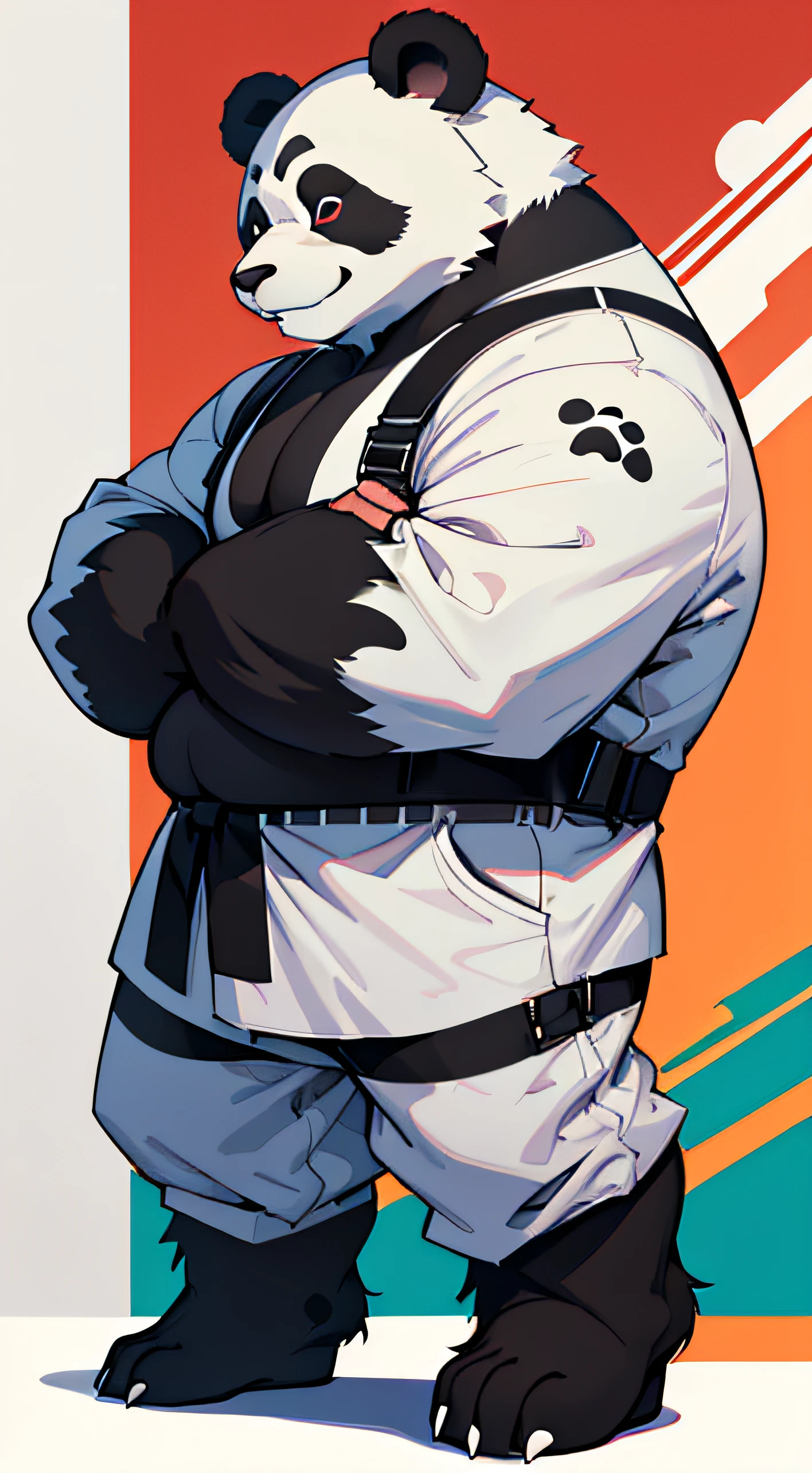 (Best Quality,4k,8K,high resolucion,Masterpiece:1.2), panda bear monster, panda bear monster, panda bear monster, full body view, A panda bear with a very angry expression, white pants with black waist strap, panda bear with fat body, side pose, Calm posture, The hand goes down naturally.