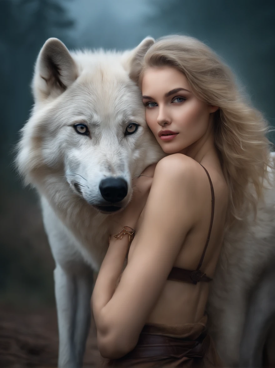 (tmasterpiece), (topquality), (more detailed), (8K), (电影灯光), (Sharp focus), (Precise Anatomy), (photo realism:1.5), (Fantasy art), Beautiful woman and white wolf, beautiful girl raised by a white wolf, next to the wolf, The wolf approaches the viewer with a kind muzzle, wolf blue eyes, Eyes sparkle, Meeting face to face, A girl with a beautiful face, VERY Young Girl), (girl ) lips parted Goddess blonde, (NSFW), Girl without clothes, A girl, naked ass, blue eyes, Detailed face, Happy Look, perfectly proportional breasts, big breastes, skinny waist, bellybutton, large tities, thights, blond hair, blonde woman, hairlong, Wolves have a large body, ferocious, (Correct anatomy), (A sense of speed:0.8), (Background Blend:0.8), (Windy storms:1.1), dramatic lighting, thick fog, Fog of the Abyss, universe, Orion Nebula, star universe, Very bright morning sunlight,
