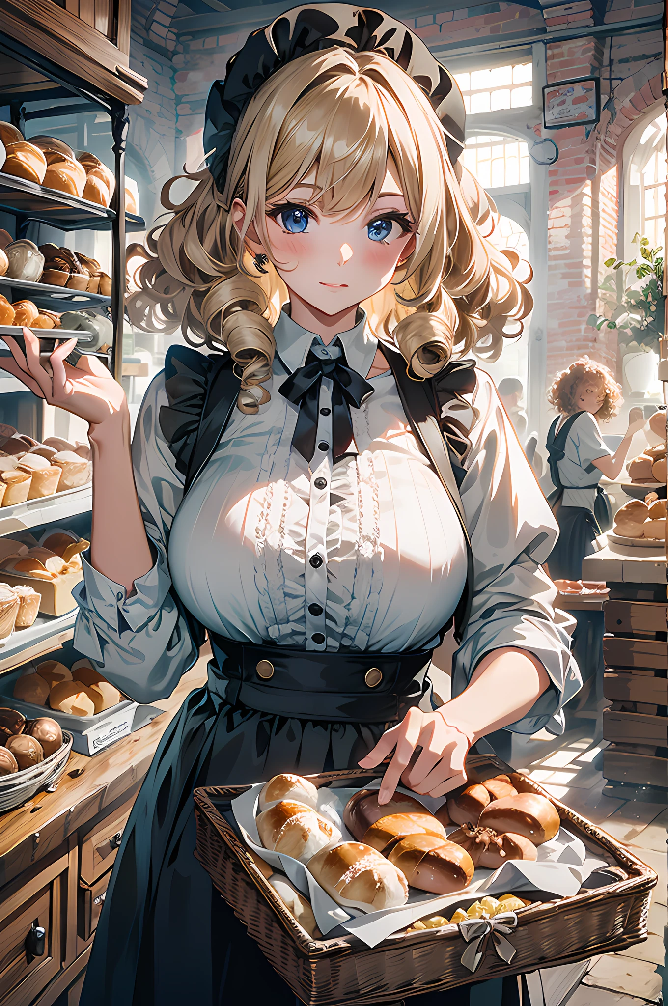 absurd, 8K, high resolution, Ultra-detailliert, beautiful, Meisterwerk, best quality, very pretty woman, Jung, blondes Haar, Baker, apron (very huge breasts: 1.3), (Locken: 1.6), detailliertes Frauengesicht, Sehr attraktiv, In der Backstube, Brote,