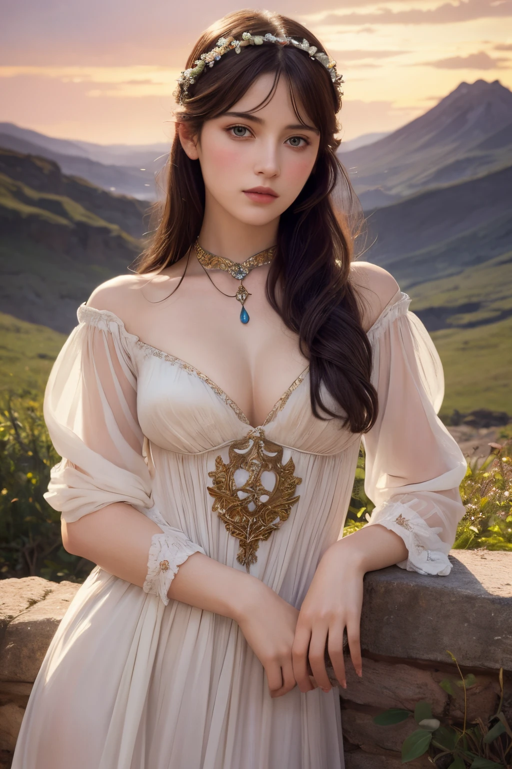 Female Mama Killa Rising Over the Andes: Female Mama Killa is depicted as a radiant goddess rising gracefully over the Andes mountains. Her silver hair flows like moonlight, and she wears a gown adorned with celestial symbols. The moon is full and luminous behind her, casting a serene glow over the landscape. (having beautiful breasts: 1.33), (having clothes: 1.77).