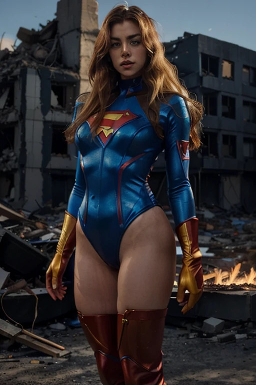1 woman, (surperhero style), ((battle pose)), (long red hair), the woman is wearing a blue superhero costume with a light blue gradient, (the costume completely covers the woman's body) ), ((tight suit that fits the superhero's body and gives him a powerful look)), ((muscular, strong body)), ((woman wears long blue boots)), ((tall height)) , woman wears blue gloves, long wavy blonde hair, explosion background, fight scene, superhero woman, danger, tension, fire, destruction, debris, flying object, hyperrealism, 8k, battlefield background, lighting volumetric, good lighting, side lighting, perfect lighting,