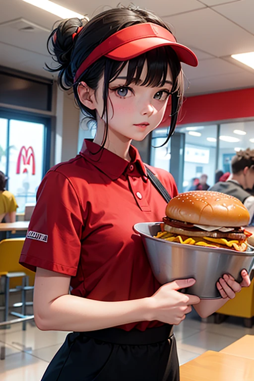 mcdonalds attendant, red mcdonalds shirt uniform, yellow mcdonalds symbol, black pants, holding a red tray of hamburger and fries, white skin color, messy black hair, bangs, messy bun, red mcdonalds visor,