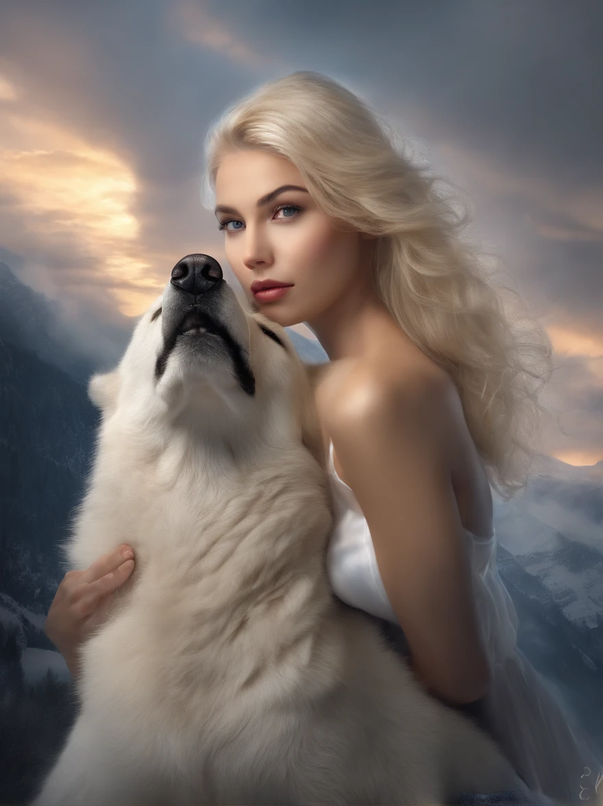 (tmasterpiece), (topquality), (more detailed), (8K), (电影灯光), (Sharp focus), (Precise Anatomy), (photo realism:1.5), (Fantasy art), Beautiful woman and white wolf, beautiful girl raised by a white wolf, next to the wolf, The wolf approaches the viewer with a kind muzzle, wolf blue eyes, Eyes sparkle, Meeting face to face, A girl with a beautiful face, VERY Young Girl), ((girl )) lips parted Blonde Goddess, (NSFW), Girl without clothes, A  girl, naked ass, blue eyes, Detailed face, Happy Look, perfectly proportional breasts, big breastes, skinny waist, bellybutton, large tities , thights, blond hair, blonde woman, hairlong, drawing on the body in silver, Wolves have a large body, ferocious, (Correct anatomy), (A sense of speed:0.8), (Background Blend:0.8), (Windy storms:1.1), dramatic  lighting, thick fog, Fog of the Abyss, universe, Orion Nebula, star universe, Very bright morning sunlight,