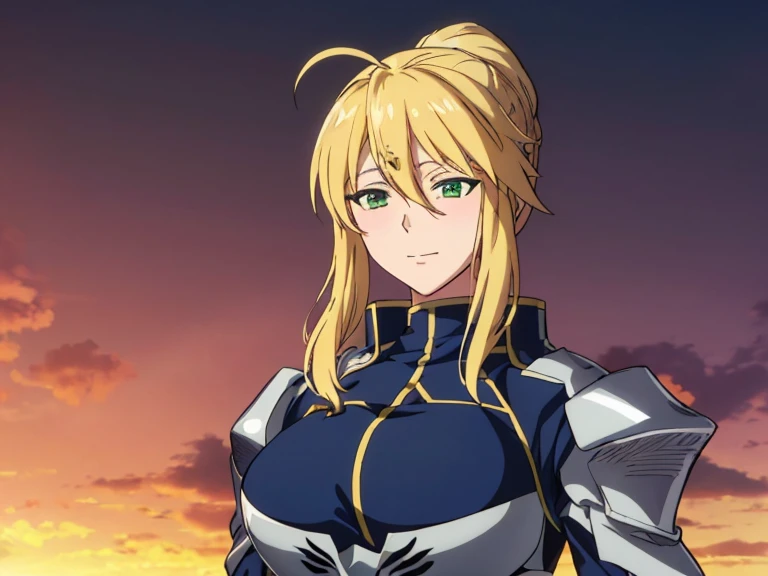 artoria pendragon, blushing, incomparable masterpiece, ultra 8k CG, perfect art, (green eyes:1.5), blonde hair, ponytail, high res, ultrasharp, 8K, ultra high resolution, beautiful detailed eyes, hyper-extreme details, best quality, perfect illustration, an extremely delicate and beautiful, extremely detailed, CG, 8k wallpaper, amazing, finely detailed, official art, huge file size, ultra detailed, extremely detailed, beautiful detailed girl, extremely detailed eyes and face, warm smile, sunset background, hill background, silver armor, white horse