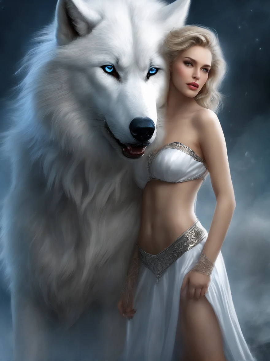 (tmasterpiece), (topquality), (more detailed), (8K), (电影灯光), (Sharp focus), (Precise Anatomy), (photo realism:1.5), (Fantasy art), Beautiful woman and white wolf, beautiful girl raised by a white wolf, next to the wolf, The wolf approaches the viewer with a kind muzzle, wolf blue eyes, Eyes sparkle, Meeting face to face, A girl with a beautiful face, VERY Young Girl), ((girl 16 years old)) lips parted Blonde Goddess, (NSFW), Girl without clothes, A girl, naked ass, blue eyes, Detailed face, Happy Look, perfectly proportional breasts, big breastes, skinny waist, bellybutton, large tities , thights, blond hair, blonde woman, hairlong, drawing on the body in silver, silver sandals, silver stockings, Wolves have a large body, ferocious, (Correct anatomy), (A sense of speed:0.8), (Background Blend:0.8), (Windy storms:1.1), dramatic lighting, thick fog, Fog of the Abyss, universe, Orion Nebula, star universe, Very bright morning sunlight,