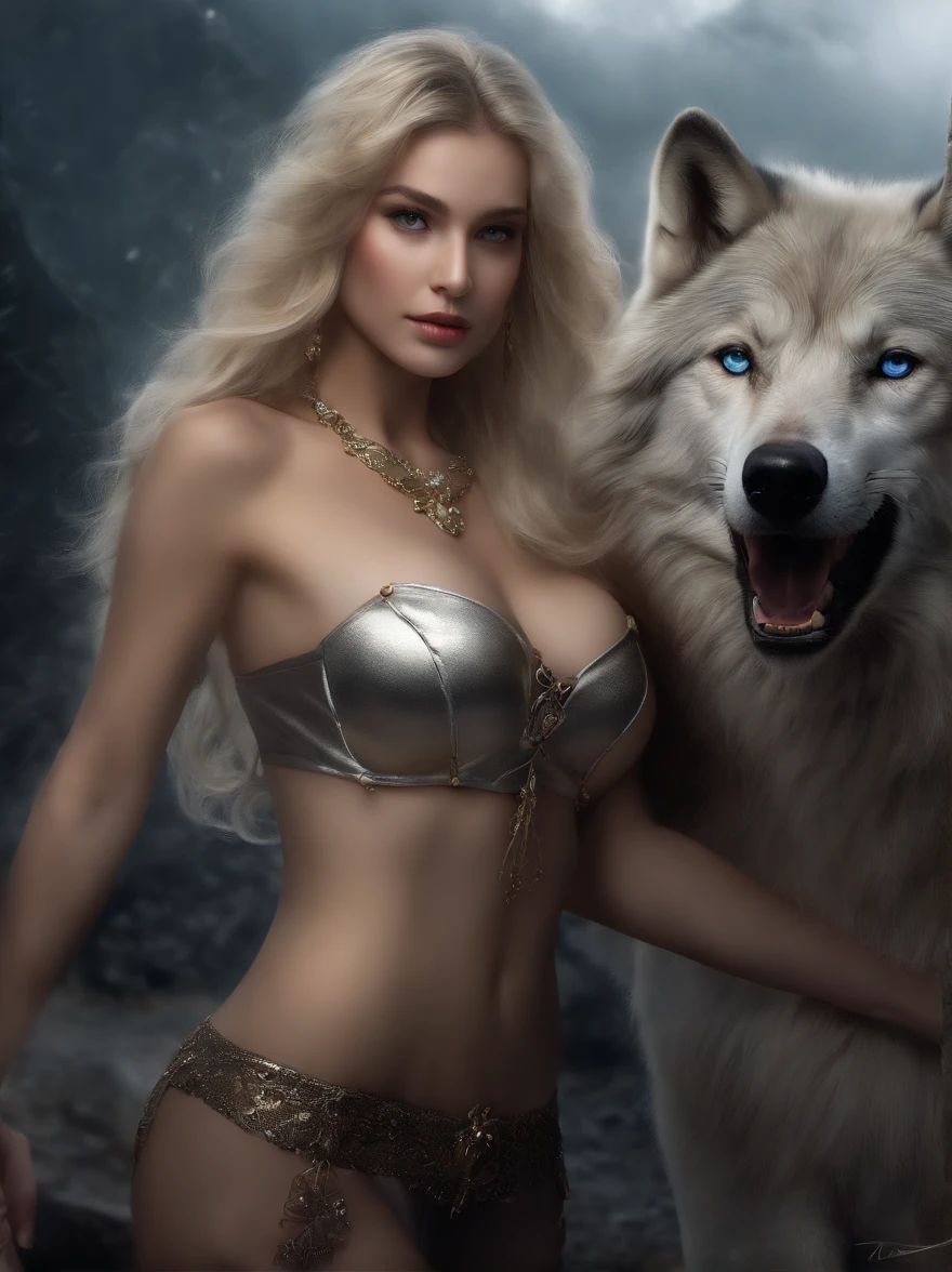 (tmasterpiece), (topquality), (more detailed), (8K), (电影灯光), (Sharp focus), (Precise Anatomy), (photo realism:1.5), (Fantasy art), Beautiful woman and white wolf, beautiful girl raised by a white wolf, next to the wolf, The wolf approaches the viewer with a kind muzzle, wolf blue eyes, Eyes sparkle, Meeting face to face, A girl with a beautiful face, VERY Young Girl), ((girl )) lips parted Blonde Goddess, (NSFW), Girl without clothes, A  girl, naked ass, blue eyes, Detailed face, Happy Look, perfectly proportional breasts, big breastes, skinny waist, bellybutton, large tities , thights, blond hair, blonde woman, hairlong, drawing on the body in silver, silver sandals, silver stockings, Wolves have a large body, ferocious, (Correct anatomy), (A sense of speed:0.8), (Background Blend:0.8), (Windy storms:1.1), dramatic  lighting, thick fog, Fog of the Abyss, universe, Orion Nebula, star universe, Very bright morning sunlight,