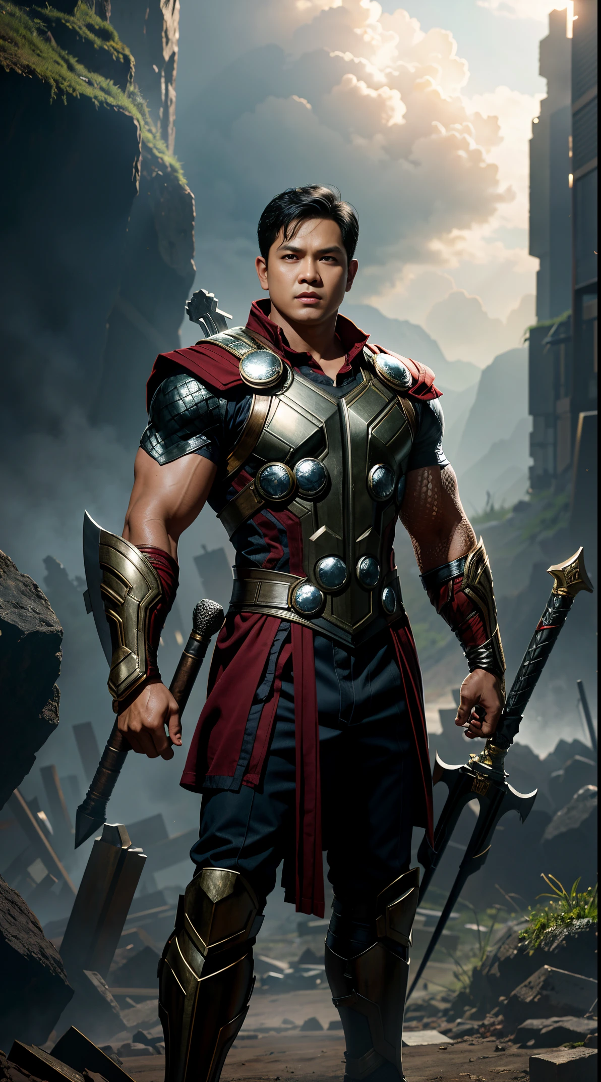 1 boy, a Prabowo Subianto as Thor ,holding iron hammer,short hair , black hair,standing, half body, outdoor, dramatic lighting,cinematic, 8k wallpaper poster film