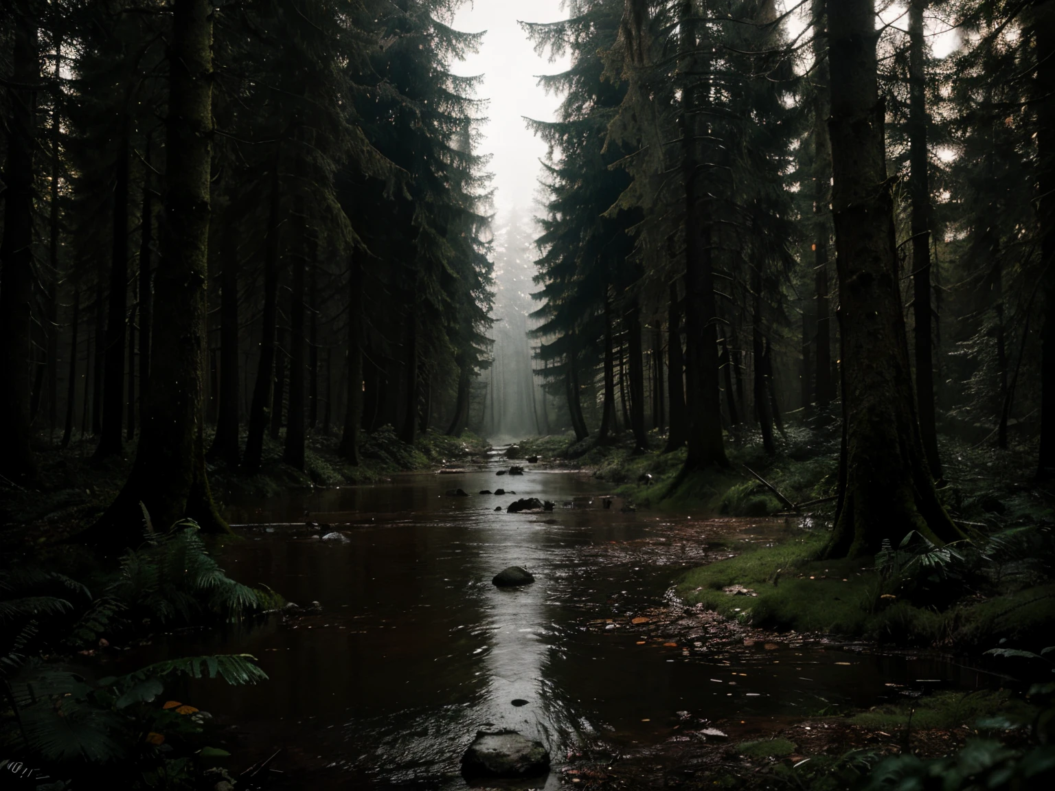 ein schwach beleuchteter Wald, through which a stream flows, swampy atmosphere, Dunkler Sumpf, Konzeptzeichnung eines dunklen Waldes, fotorealistische, gloomy concept art, Gloomy cinematic concept art, realistischer Holzsumpf, unheimliche tote Sumpfkulisse, Environmental artist, regnerische Umgebung, stimmungsvolle Umgebung, Gloomy concept art, Horror-Umgebung, Sumpfwald, Cyberpunk-Wald,