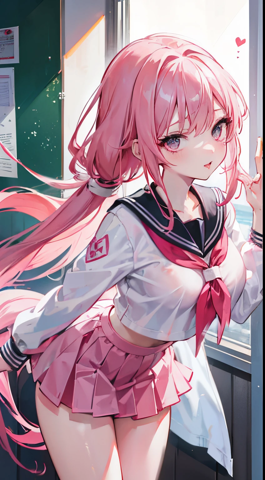 long pink hair up to the waist,dual horsetail,Pink-eyed girl wearing a sailor uniform,Colossal tits,Wet look,Be red in the face,is shy,In the classroom,make a grimace and stick out your tongue,miss ghost,Floating in the air