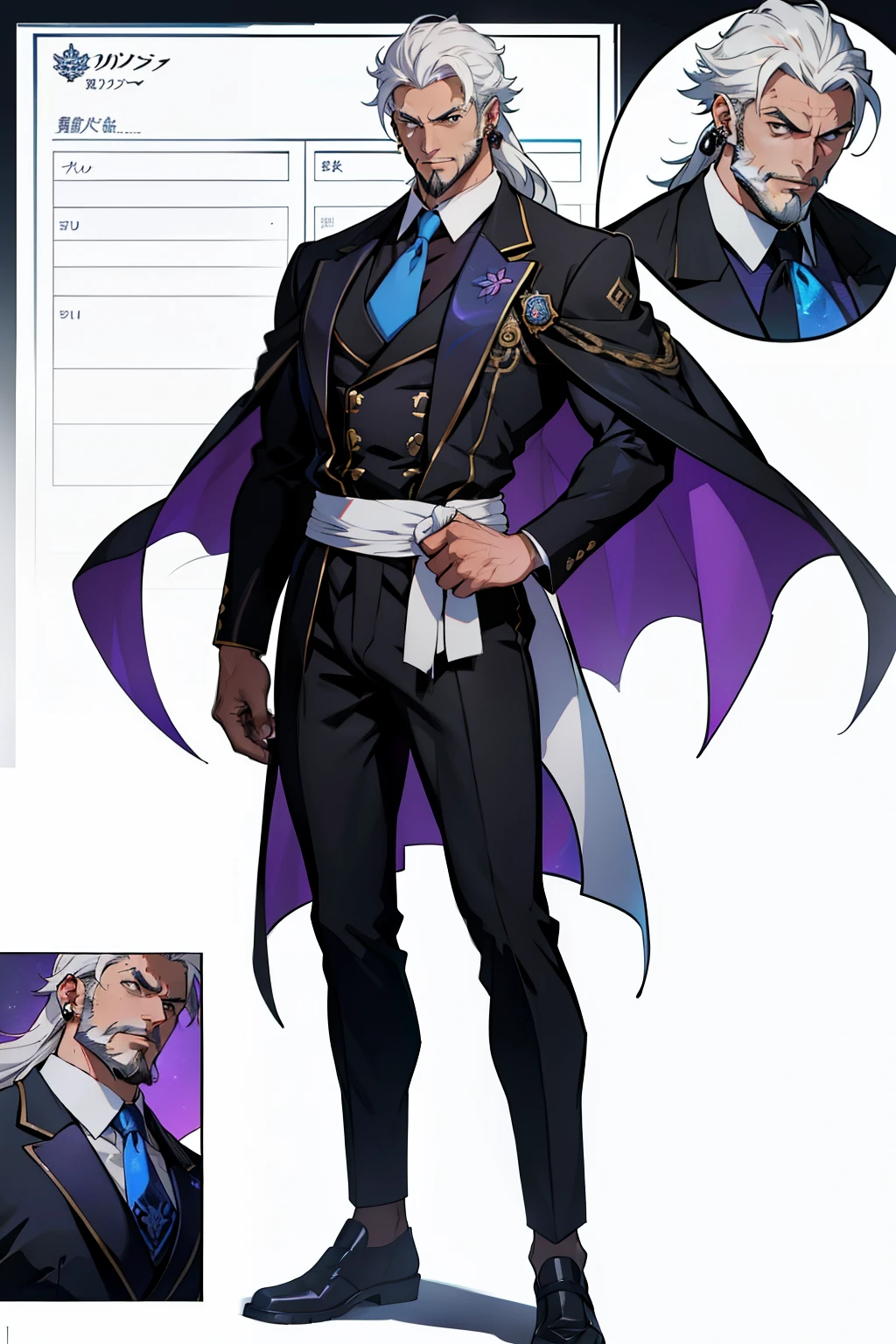 dark skin man, male, black eyes, white hair, long hair, anime style, 4k image, full body, holographic background, Character sheet, Handsome male. Perfect face, 6 ft 5 tall middle aged man. White hair. Long hair. Grey eyes. Beard. Eyepatch. Earrings. Toned body. Muscular male, character design sheet，full bodyesbian, Full of details, body front view, body back view,  Full body, muscle body, Formal Fantasy clothes. Genshin Impact. Hydro vision. Bulge in pants. Liyue, ((Masterpiece, Highest quality)), Detailed face, character design sheet， full bodyesbian, Full of details, frontal body view, back body view, Highly detailed, Depth