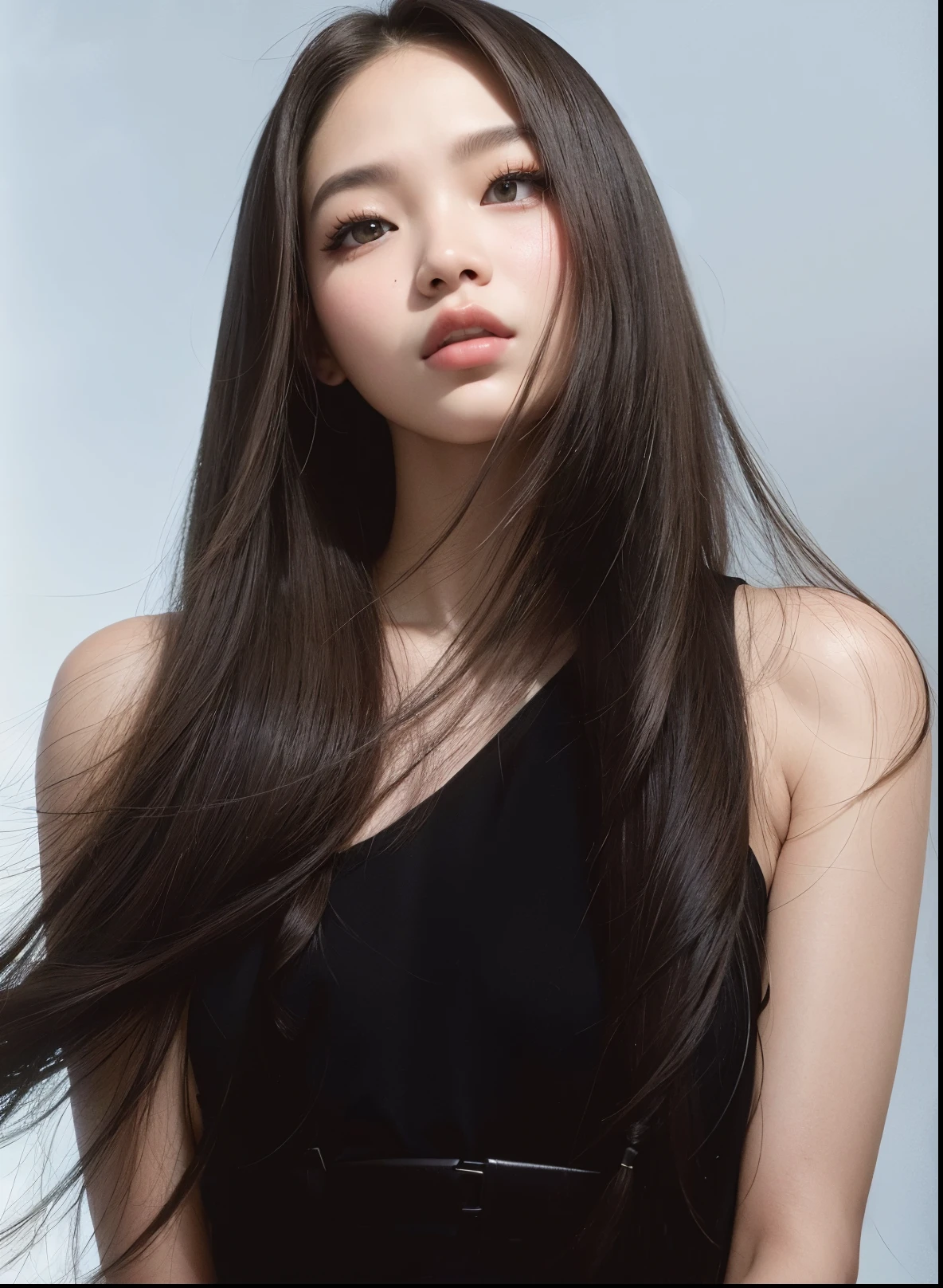 um close up de uma mulher com cabelos longos usando um vestido preto, jennie blackpink, jossi do blackpink, Parque Roseanne do Blackpink, Parque Ji-min, Jaeyeon Nam, cabelos longos de cor castanha, Asian girl with long hair, Lee Ji - Eun, Lee Ji-eun, Bae Suzy, penteado liso, cabelos finos e brilhantes, Hwang SE - EM