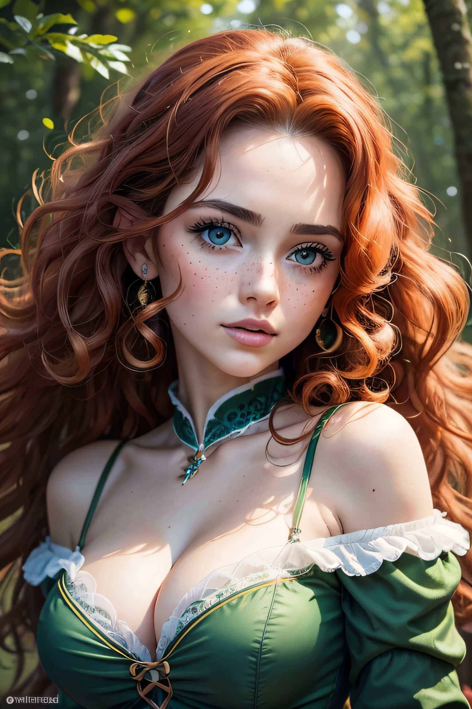 masterpiece, best quality, expressive eyes, perfect face, big eyes, looking at viewer, large breast, big breast, small waist, , Best Quality, Realistic, perfect figure, highly detailed, showing cleavage, dressed as merida from brave, Red curly hair, big hair, blue eyes, Green outfit, in the forest, bow and arrow, detailed dress, freckles on her face, cheek blush, big puffy hair, very curly hair, castle in the bakcground