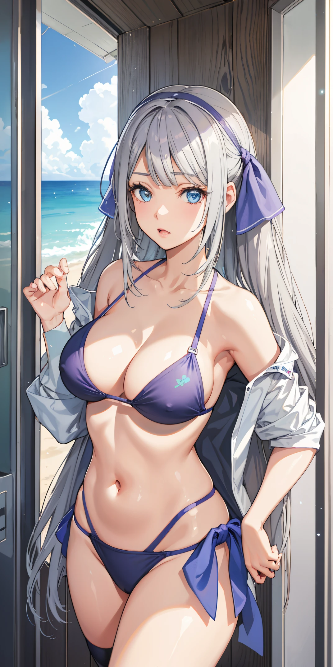 realistic, 1girl, grey hair, ,twin tail,(purples bikini), beach, light particles, light rays, wallpaper, MyleneHFV4,( bikini) ,only use bikini