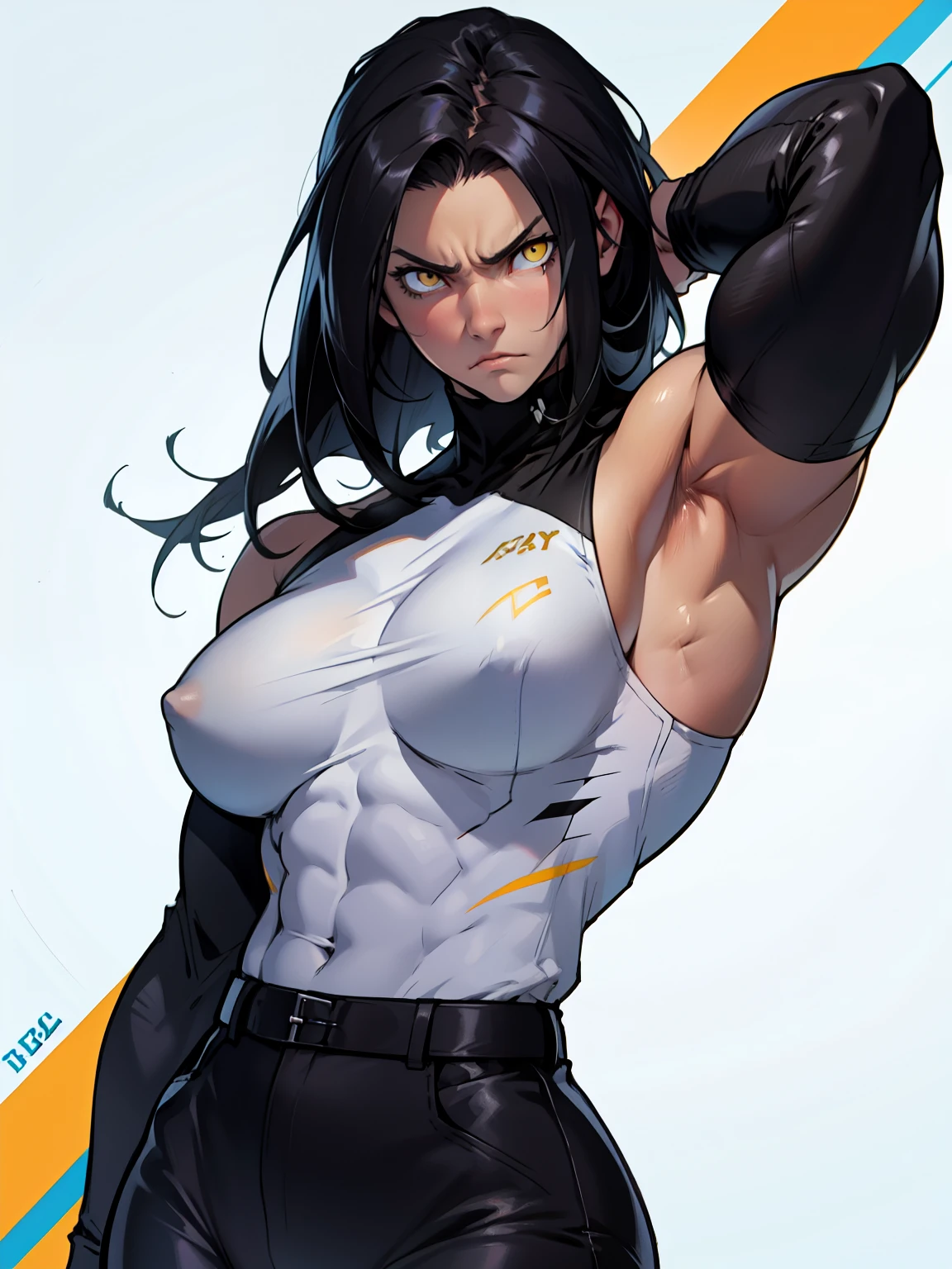 muscular girl thin waist large breasts thick black hair yellow eyes sad frown
