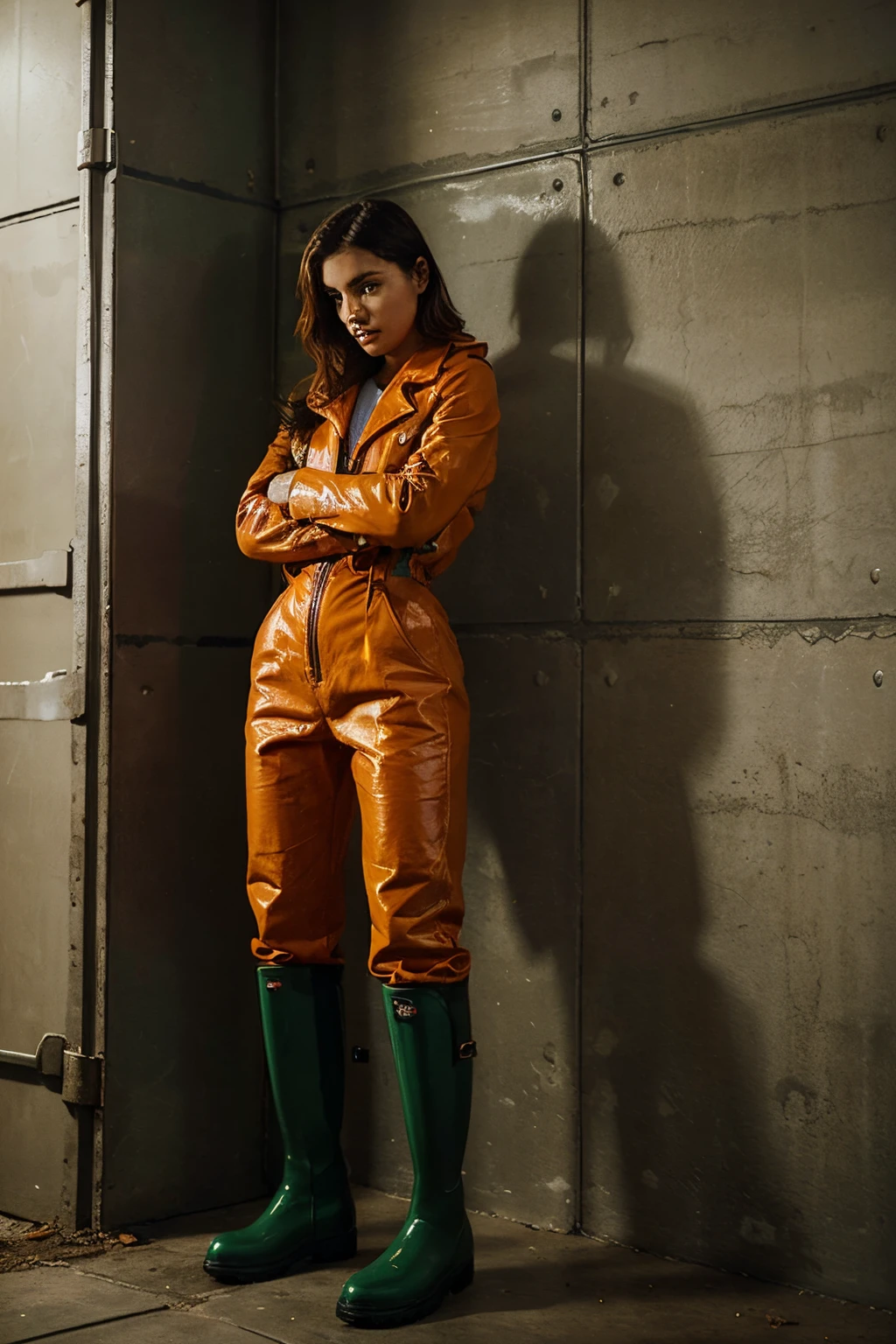 a girl in jail with her arms crossed wearing a leather jacket, an orange prison jumpsuit and green Hunter rubber boots