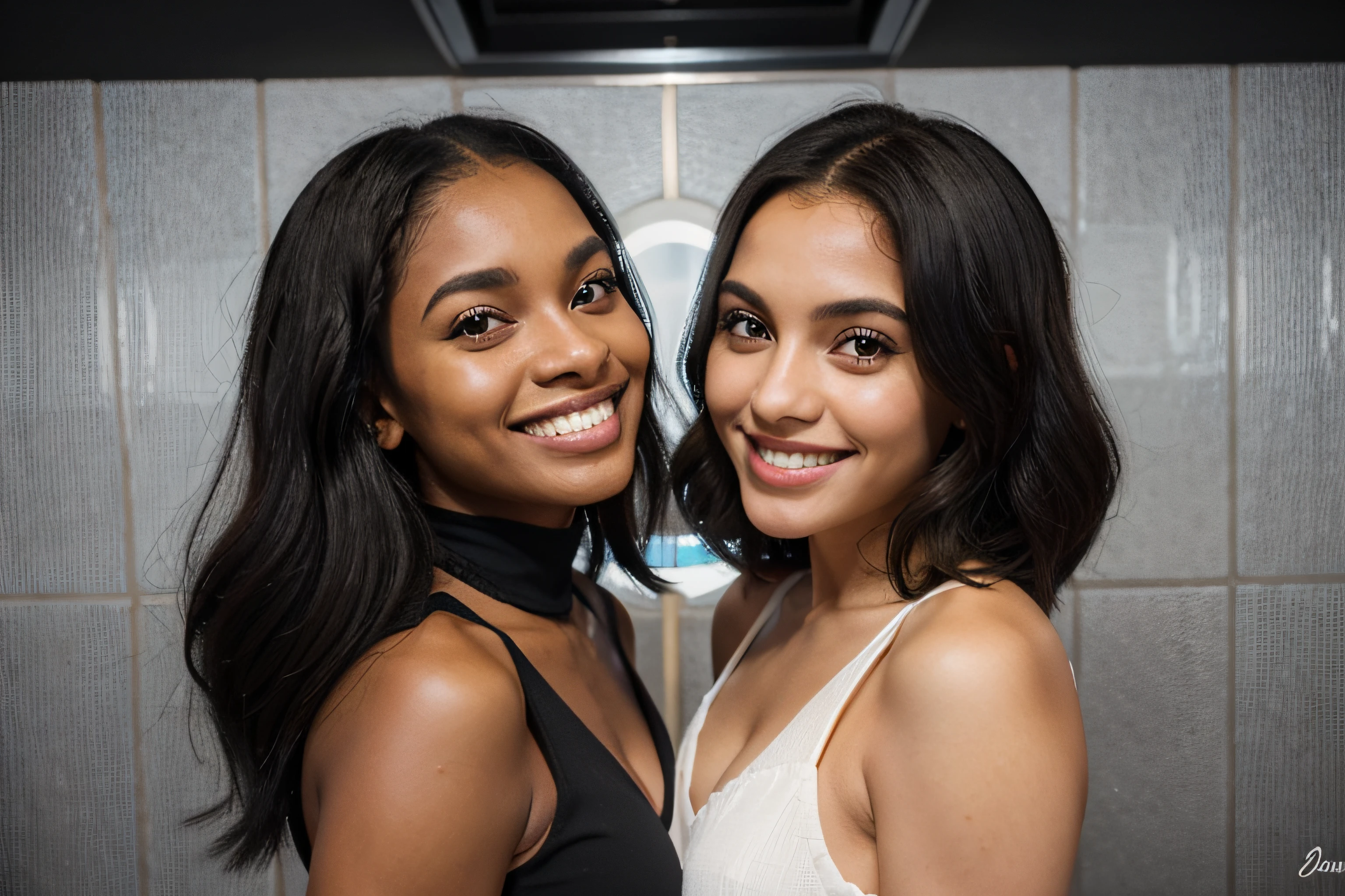 duas amigas sorridentes, dentes perfeitos, olhos perfeitos, uma loira cabelo liso, outra morena cabelo black power, com luzes de uma discoteca ao fundo