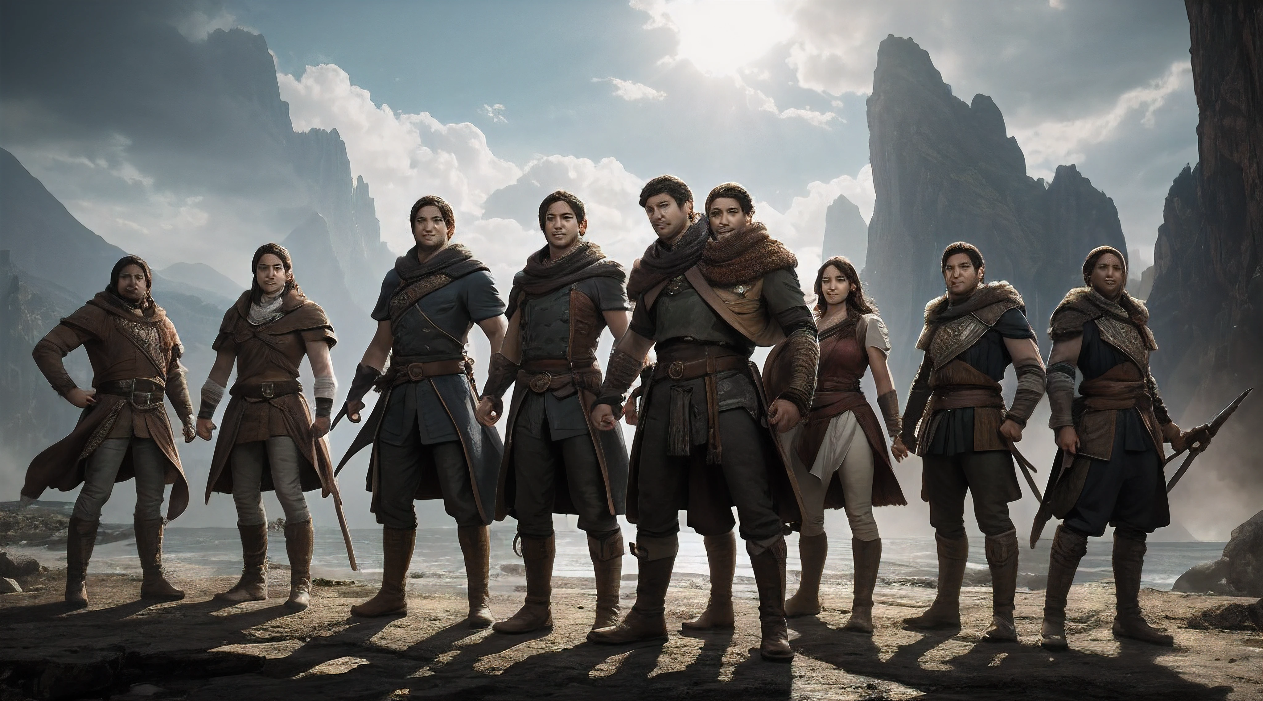 A final shot of the adventurers, standing tall and resolute in the face of adversity. Their expressions exude determination and unity, symbolizing the strength of their bond and their readiness to face any challenges. The composition should emphasize their heroic qualities and leave the audience with a sense of hope and anticipation for their future endeavors.