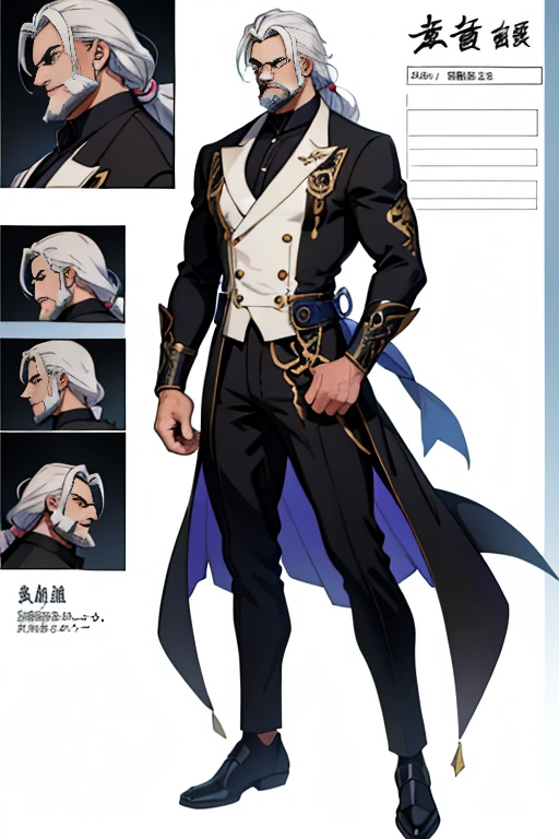 dark skin man, male, black eyes, white hair, long hair, anime style, 4k image, full body, holographic background, Character sheet, Handsome male. Perfect face, 6 ft 5 tall middle aged man. White hair. Long hair. Grey eyes. Beard. Eyepatch. Earrings. Toned body. Muscular male, character design sheet，full bodyesbian, Full of details, body front view, body back view,  Full body, muscle body, Formal Fantasy clothes. Genshin Impact. Hydro vision. Bulge in pants. Liyue, ((Masterpiece, Highest quality)), Detailed face, character design sheet， full bodyesbian, Full of details, frontal body view, back body view, Highly detailed, Depth