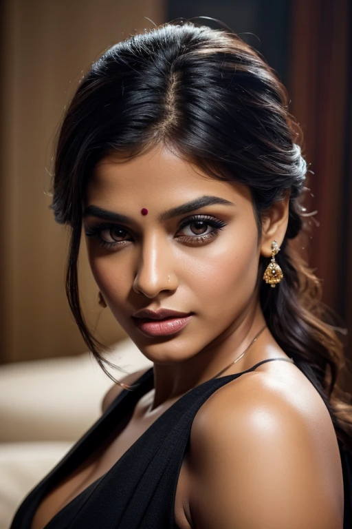 Portrait of most beautiful and attractive Indian woman in her 30s as a beautiful female model, beautiful face, dramatic lighting, trending on art-station, portrait, digital art, modern, sleek, highly detailed, formal, determined, pink liner lipstick, soft lips, black eyes, happy, [[Classic Bob]]