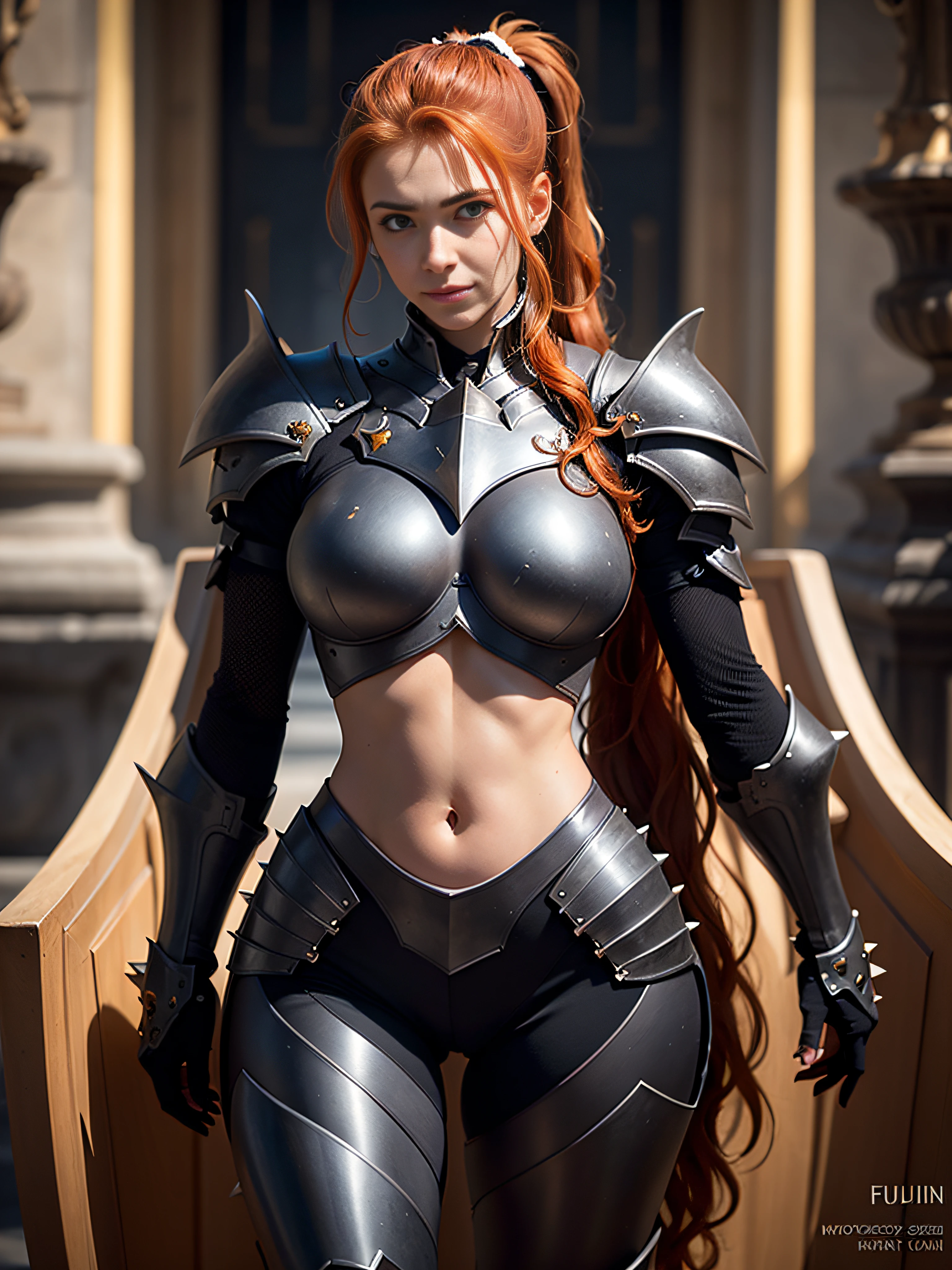 ((best quality: 1.5)) ((masterpiece: 0.8)), intricate details, sharp focus, professional, photorealistic, real life, realistic representation of the face, ((((solo, 1girl) athletic cleric, (suntanned, dark skin, mysterious expression)))), bright glow, dynamic pose, gorgeous perfect face, in the style of realistic and hyper detailed renderings, zbrush, hyper realistic oil, contoured shading, dark room, dark background, black background, solo, BREAK; BREAK ((((smirking, throne room, ((long wavy ginger hair, ponytail, thin hips, skinny)))))), (freckles: 0.7), ((body tattoo: 1.0)), ((fujicolor)), BREAK; BREAK ((((medieval (matte black paladin armor spiked), ((underboob))), photorealistic, hyper-realistic))) BREAK; BREAK (((breast size: -0.4)))