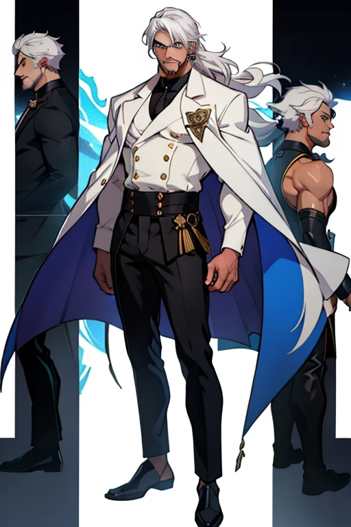 dark skin man, male, black eyes, white hair, long hair, anime style, 4k image, full body, holographic background, Character sheet, Handsome male. Perfect face, 6 ft 5 tall middle aged man. White hair. Long hair. Grey eyes. Beard. Eyepatch. Earrings. Toned body. Muscular male, character design sheet，full bodyesbian, Full of details, body front view, body back view,  Full body, muscle body, Formal Fantasy clothes. Genshin Impact. Hydro vision. Bulge in pants. Liyue, ((Masterpiece, Highest quality)), Detailed face, character design sheet， full bodyesbian, Full of details, frontal body view, back body view, Highly detailed, Depth