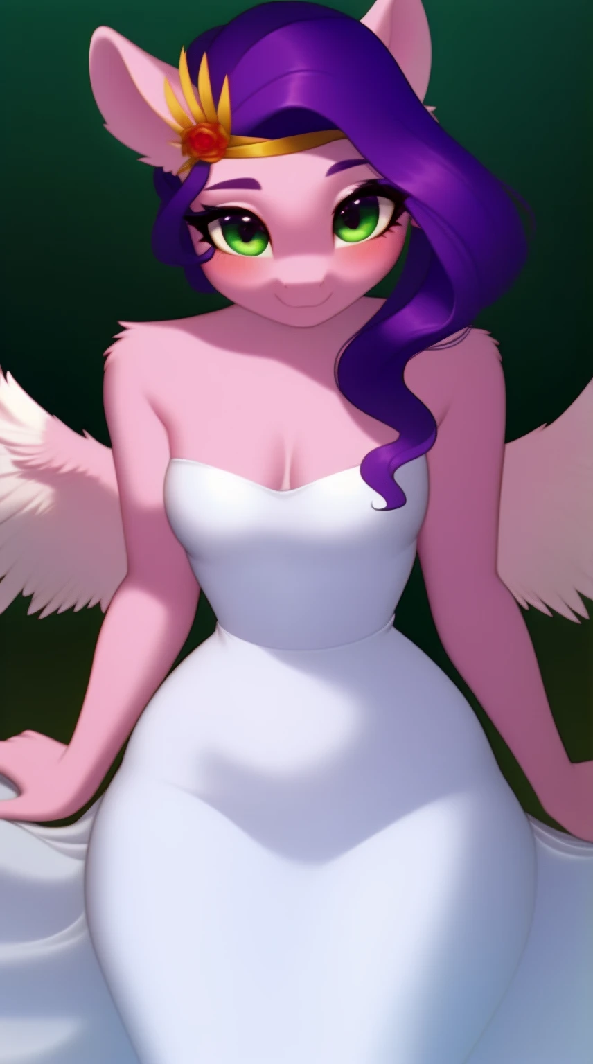 (score_9), (source_pony), (solo), (pegasus), ((anthro pipp petals :1.1)), (strapless dress), sexy, blushing, seductive look, long hair, messy hair, anatomically correct, night garden, flat chest, half body, anime art style, solo, light purple fur, green eyes, hourglass figure, curvy, plump body, , short, chubby, cute, high res, facing straight at viewer,