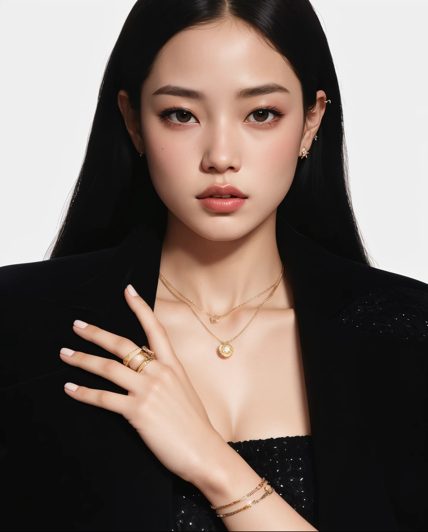 uma mulher vestindo uma jaqueta preta e um colar de ouro, jennie blackpink, Gongbi, LV Joias, Heonhwa Choe, Estilo Chaumet, gemma chen, Jinyoung Canela, jewelries, TaeJune Kim, Retrato de Jossi de Blackpink, Chaumet, Lee Ji-eun, Lee Ji - Eun, Ji-Min, jossi do blackpink, jia