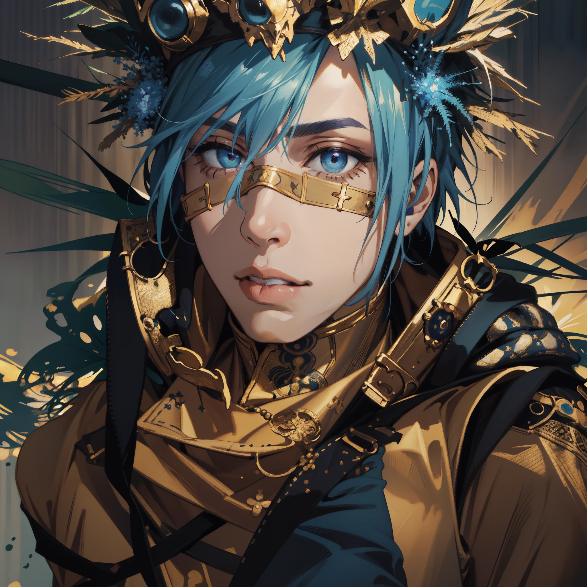 (absurdres, highres, ultra detailed), 1 male, , handsome, tall muscular guy, broad shoulders, finely detailed eyes and detailed face, the fool \tarot\, bard, clown, Symbolism, Visual art, Occult, Universal, Vision casting, Philosophical, Iconography, Numerology, Popularity, Artistic, Alfons Mucha