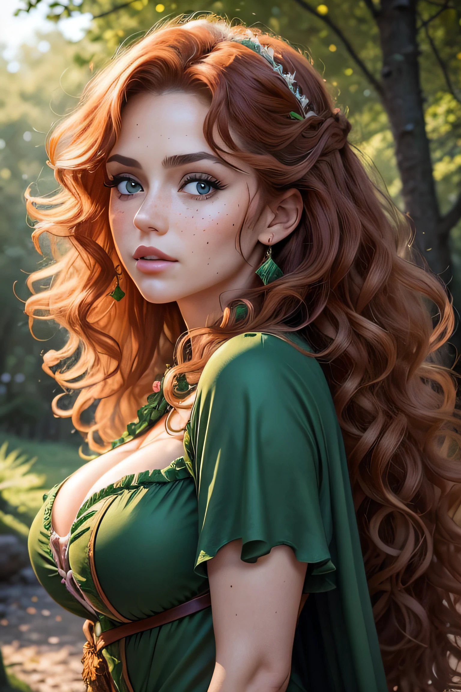masterpiece, best quality, expressive eyes, perfect face, big eyes, looking at viewer, large breast, big breast, small waist, , Best Quality, Realistic, perfect figure, highly detailed, showing cleavage, dressed as merida from brave, Red curly hair, big hair, blue eyes, Green outfit, in the forest, bow and arrow, detailed dress, freckles on her face, cheek blush, big puffy hair, very curly hair, castle in the bakcground, wearing a green cape, large nipples