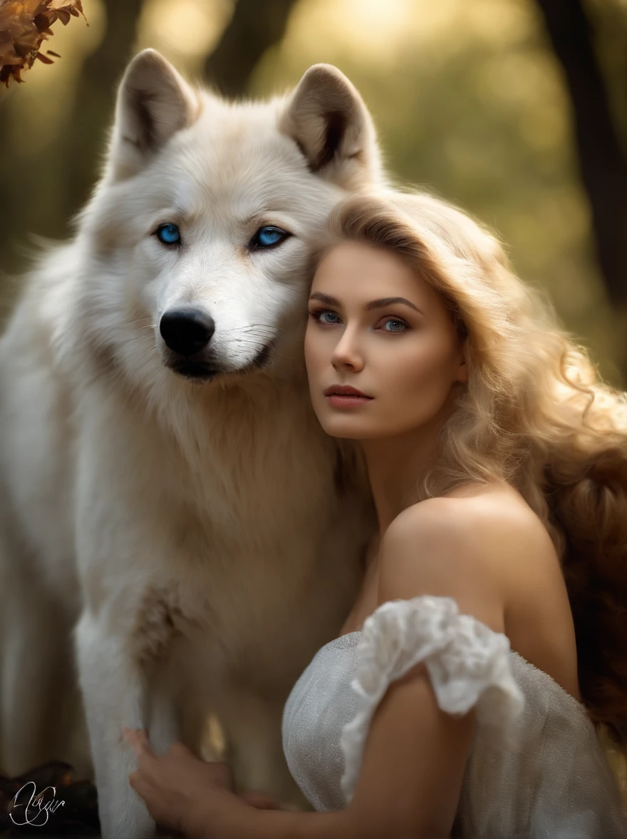 (tmasterpiece), (topquality), (more detailed), (8K), (电影灯光), (sharp-focus), (Precise Anatomy), (photo realism:1.5), (Fantasy art), Beautiful woman and white wolf, handsome girl, raised by a white wolf, next to the wolf, The wolf approaches the viewer with a kind muzzle, wolf blue eyes, Eyes sparkle, Meeting face to face, A girl with a beautiful face, A very young girl), ((Girl 16 years old)) lips ajar, blonde goddess, (NSFirl without clothes, A  girl, naked ass, blue eyes, Detailed Face, Happy Look, perfectly proportional breasts, big breastes, skinny waist, bellybutton, large tities , thights, blond hair, blonde woman, hairlong, silver case design, Silver sandals, silver stockings, Wolves have a large body, ferocious, (Correct anatomy), (A sense of speed:0.8), (Background mixture:0.8), (Windy storms:1.1), dramatic  lighting, thick fog, Fog of the Abyss, universe, Orion Nebula, star universe, Very bright morning sunlight,