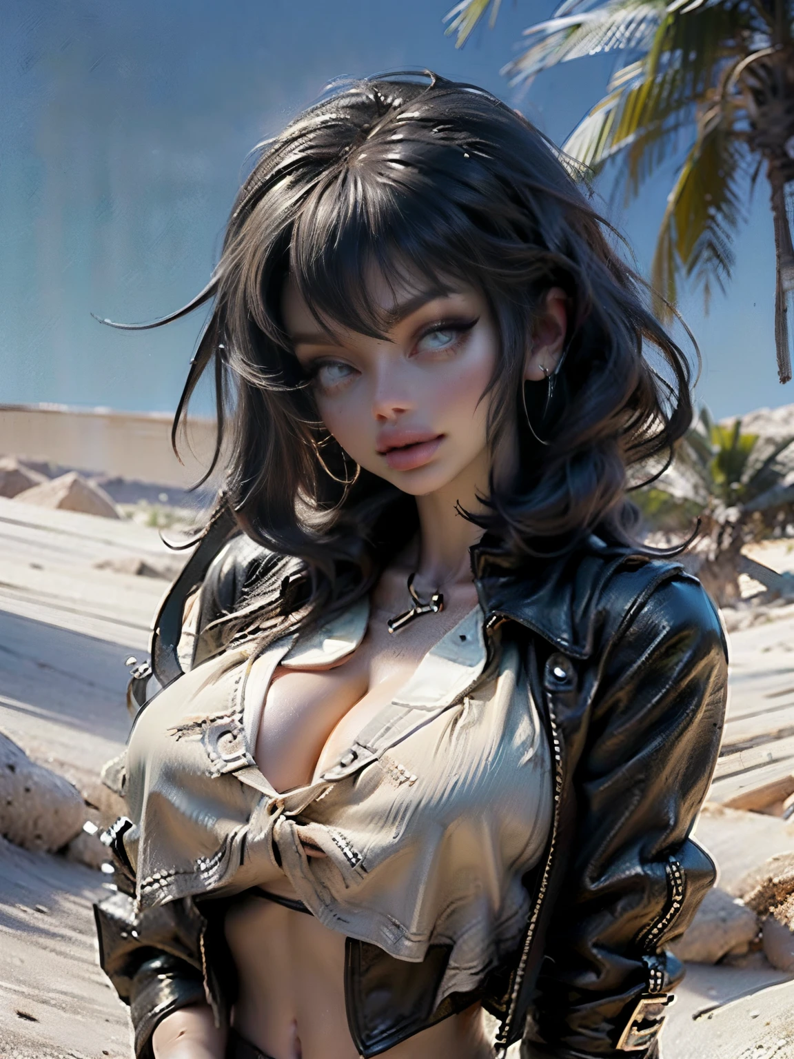 (((seios enormes))), (((decote profundo)), pose sexy, mulher no deserto usando uma jaqueta syberpunk aberta, strapless blouse, pele brilhante, seios semi expostos, bicos dos seios enormes. melhor qualidade. 8k,