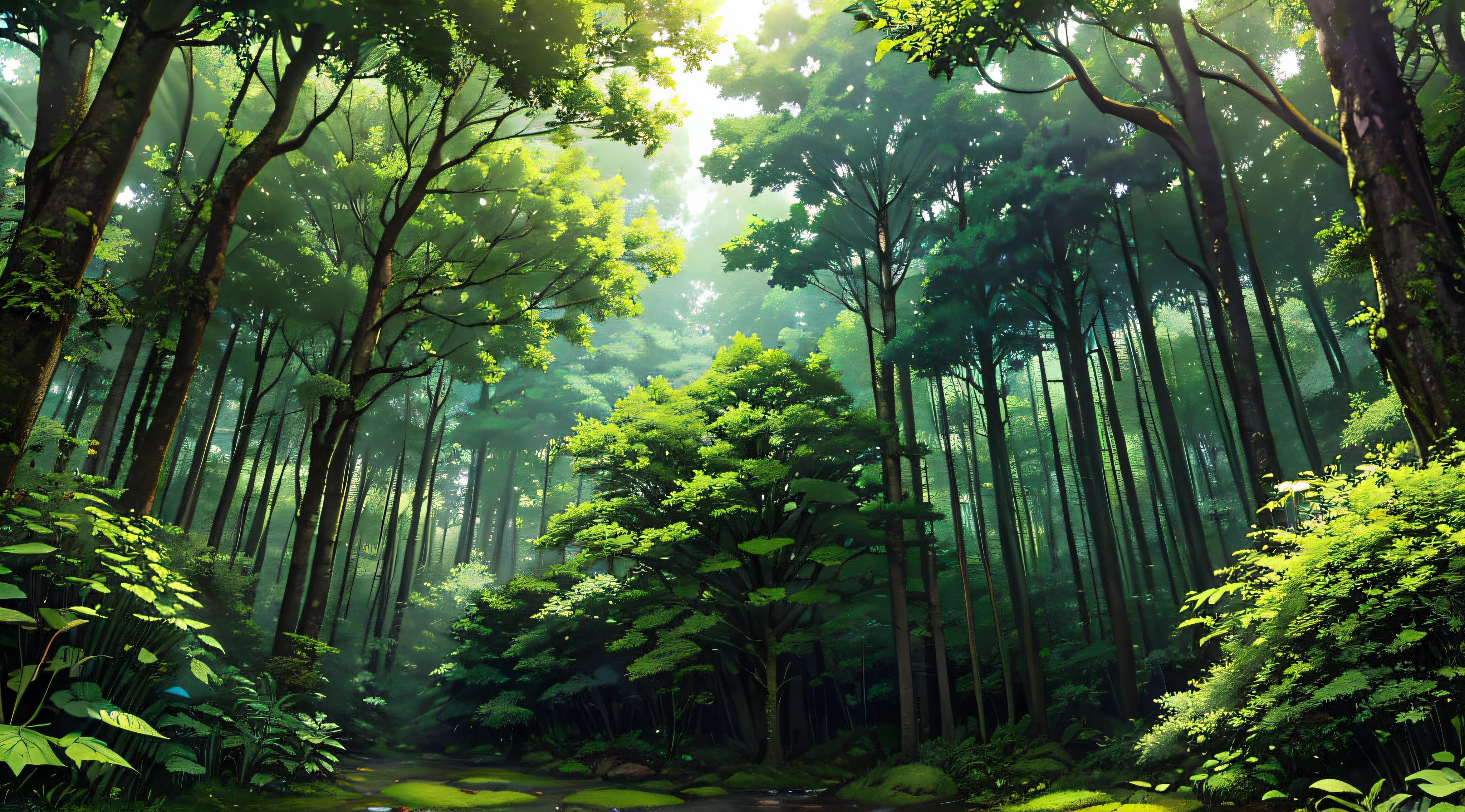 ulltra realistic style forest, dense foliage, green mossy trees, sun rays, purple color accent