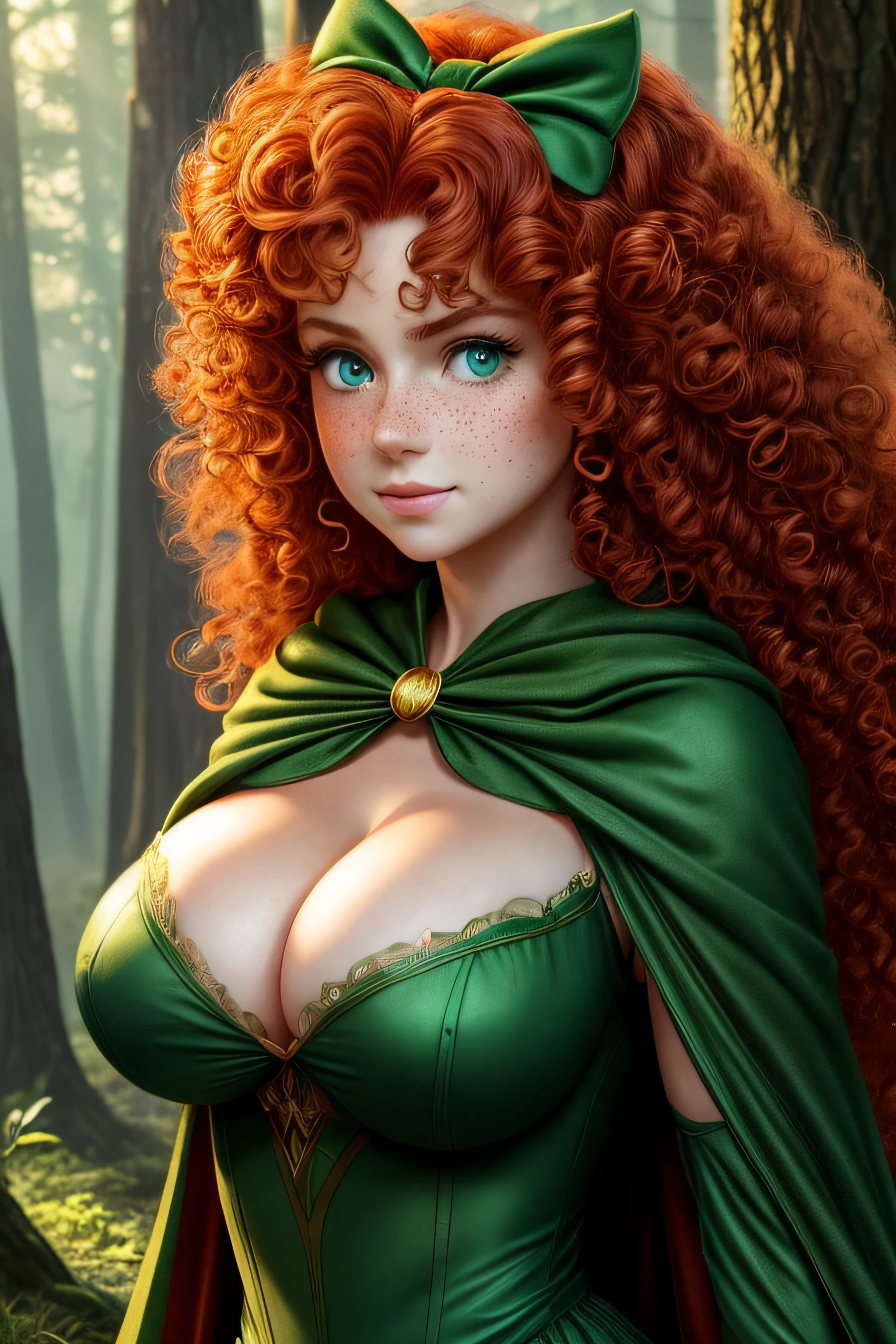 masterpiece, best quality, expressive eyes, perfect face, big eyes, looking at viewer, large breast, big breast, small waist, , Best Quality, Realistic, perfect figure, highly detailed, showing cleavage, dressed as merida from brave, Red curly hair, big hair, blue eyes, Green outfit, in the forest, bow and arrow, detailed dress, freckles on her face, cheek blush, big puffy hair, very curly hair, castle in the bakcground, wearing a green cape, large nipples