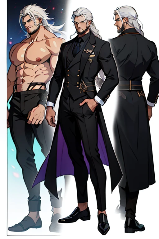 dark skin man, male, black eyes, white hair, long hair, anime style, 4k image, full body, holographic background, Character sheet, Handsome male. Perfect face, 6 ft 5 tall middle aged man. White hair. Long hair. Grey eyes. Beard. Eyepatch. Earrings. Toned body. Muscular male, character design sheet，full bodyesbian, Full of details, body front view, body back view,  Full body, muscle body, Formal Fantasy clothes. Genshin Impact. Hydro vision. Bulge in pants. Liyue, ((Masterpiece, Highest quality)), Detailed face, character design sheet， full bodyesbian, Full of details, frontal body view, back body view, Highly detailed, Depth