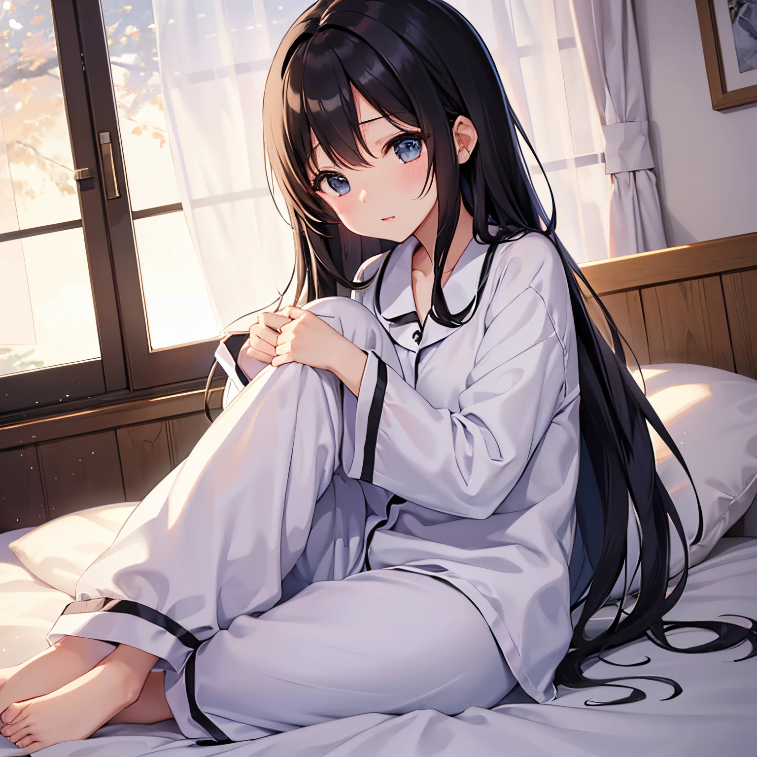 1人、girl with、Long black hair、Sleeping in bed、White pajamas、unclear、Warm lighting、a smile