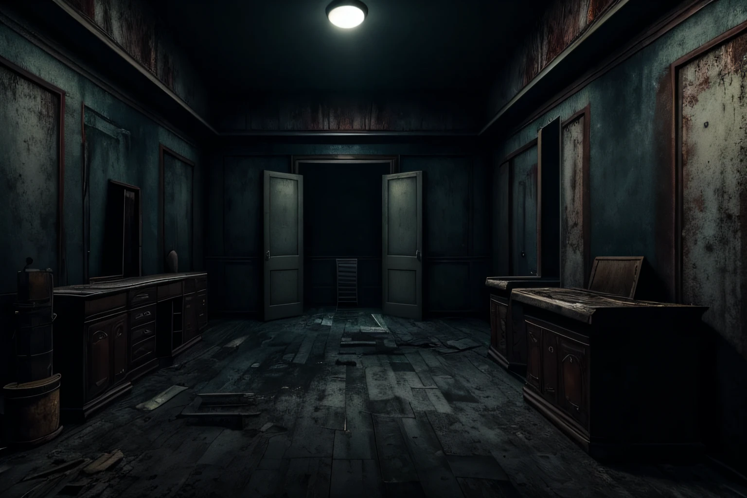 Create a creepy horror boiler room at night, empty, Closed, ruined forniture, Dark background, no lights, Night, dirty. 8K, Realistic , Very detailed, Sharp Focus, of the highest quality, masutepiece, Photographic