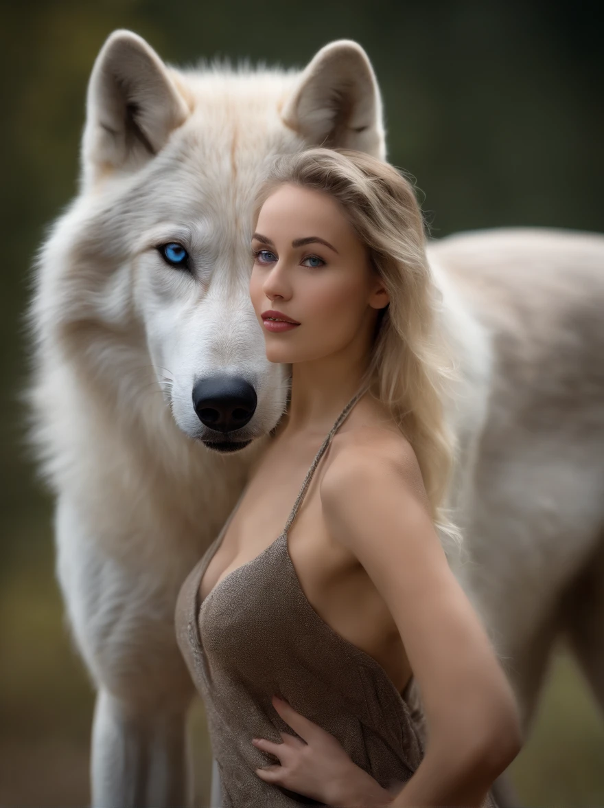 (masterpiece), (Highest quality), (More details), (8K), (Cinematic lighting), (sharp focus), (Accurate anatomy), (Photo realism:1.5), (Fantasy art), beautiful woman and white wolf, raised by a white wolf, a beautiful girl, next to a wolf, The wolf approaches the viewer with a kind muzzle, the wolf has blue eyes, eyes sparkle, Meeting face to face, a girl with a beautiful face, a very young girl), ((girl )) lips parted Blonde Goddess, (NSFW), girl without clothes, girl, naked, blue eyes, detailed face, happy look, perfectly proportioned breasts, large breasts, small waist, navel, large, hips, blonde hair, blonde, Long hair, silver body pattern, silver sandals, silver stockings, Wolves have a large body, Fierce, (correct anatomy), (Sense of speed: 0.8), (Background blending: 0.8), (Wind storms: 1.1), Dramatic lighting, thick fog, Abyss fog, universe, Orion Nebula, starry universe, Very bright morning sunlight,