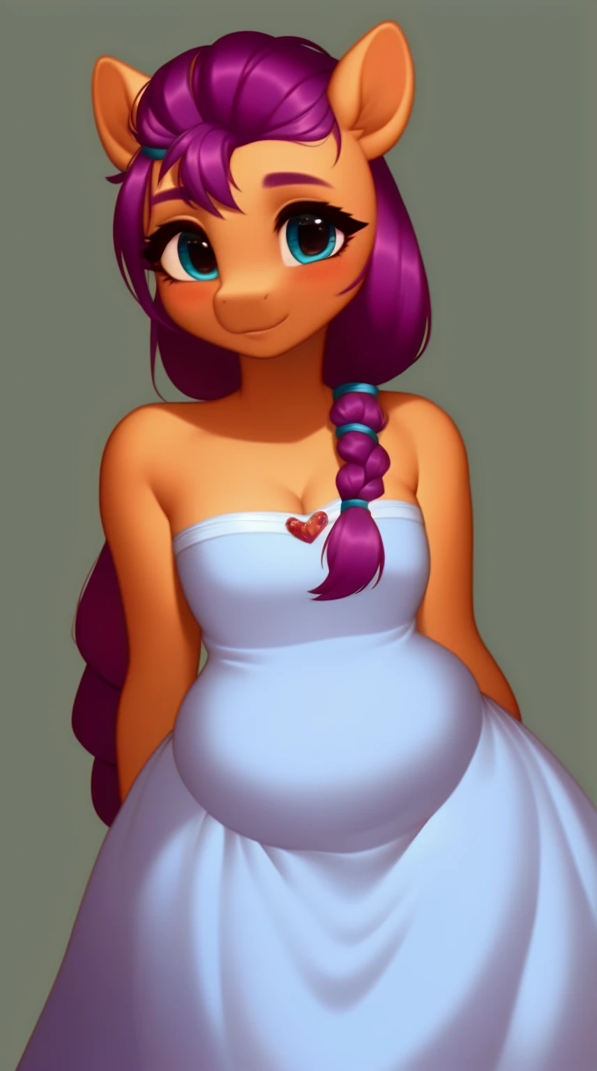 (score_9), (source_pony), (solo), (earth pony), ((anthro Sunny starscout :1.1)), (strapless dress), sexy, blushing, seductive look, long braided hair, anatomically correct, night garden, flat chest, half body, anime art style, solo, hourglass figure, curvy, plump body, young, chubby, cute, high res, facing straight at viewer,